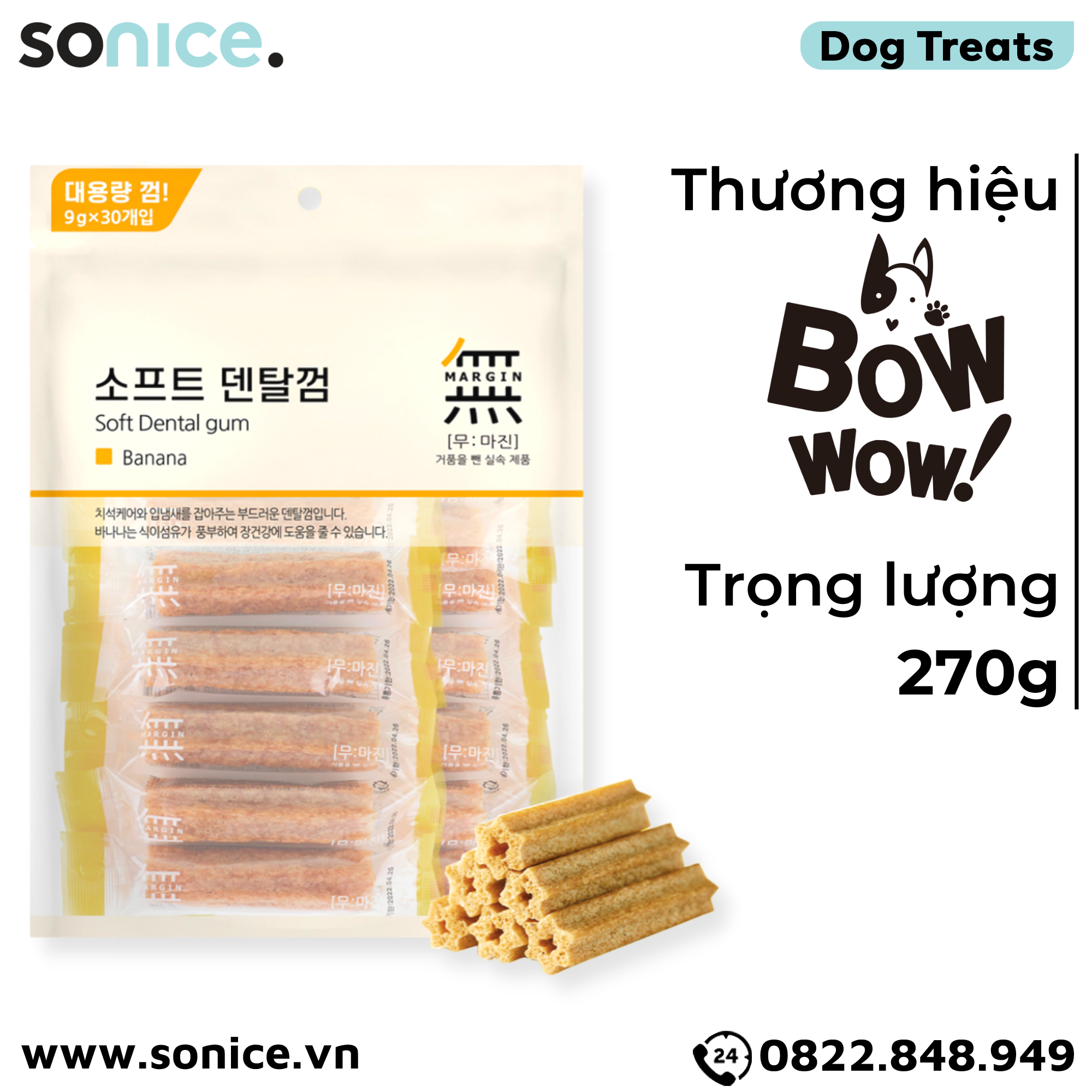 Treats Petsmix Soft Dental Gum Banana 270g - 30 cây vị Chuối, sạch răng thơm miệng SONICE.