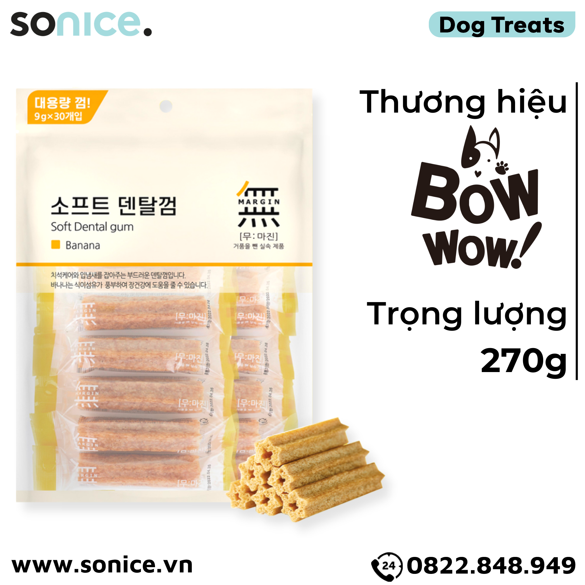  Treats Petsmix Soft Dental Gum Banana 270g - 30 cây vị Chuối, sạch răng thơm miệng SONICE. 