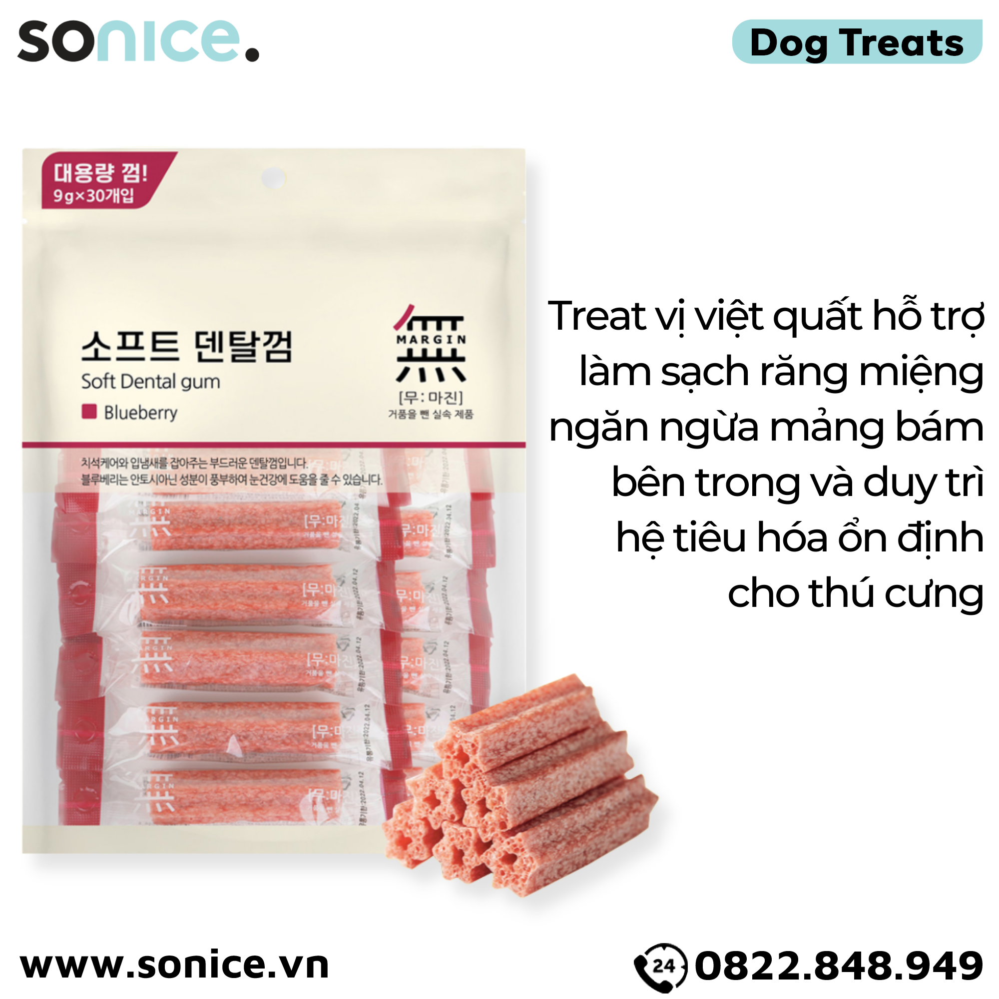 Treats Petsmix Soft Dental Gum Blueberry 270g - 30 cây vị Việt quất, sạch răng thơm miệng SONICE.