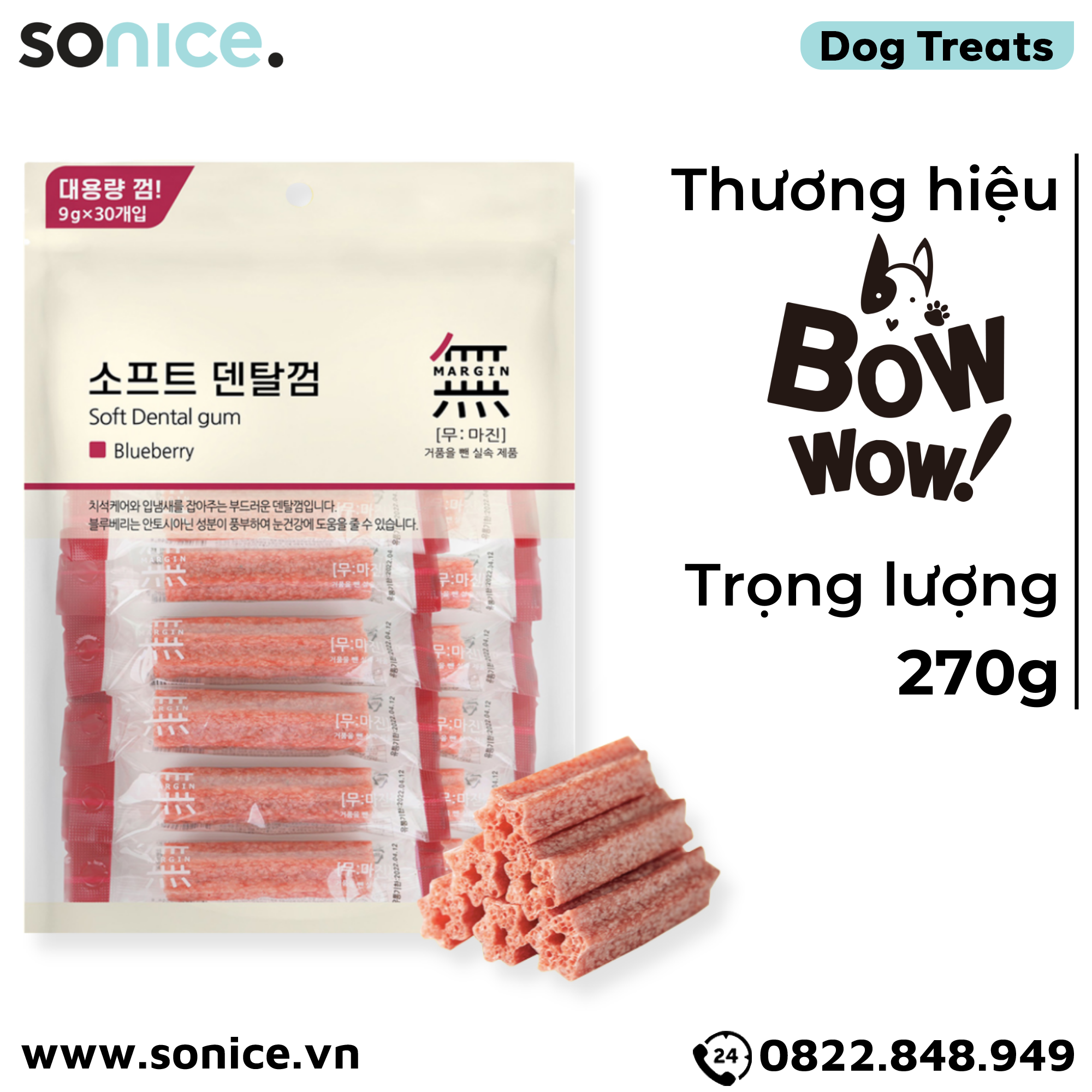 Treats Petsmix Soft Dental Gum Blueberry 270g - 30 cây vị Việt quất, sạch răng thơm miệng SONICE.
