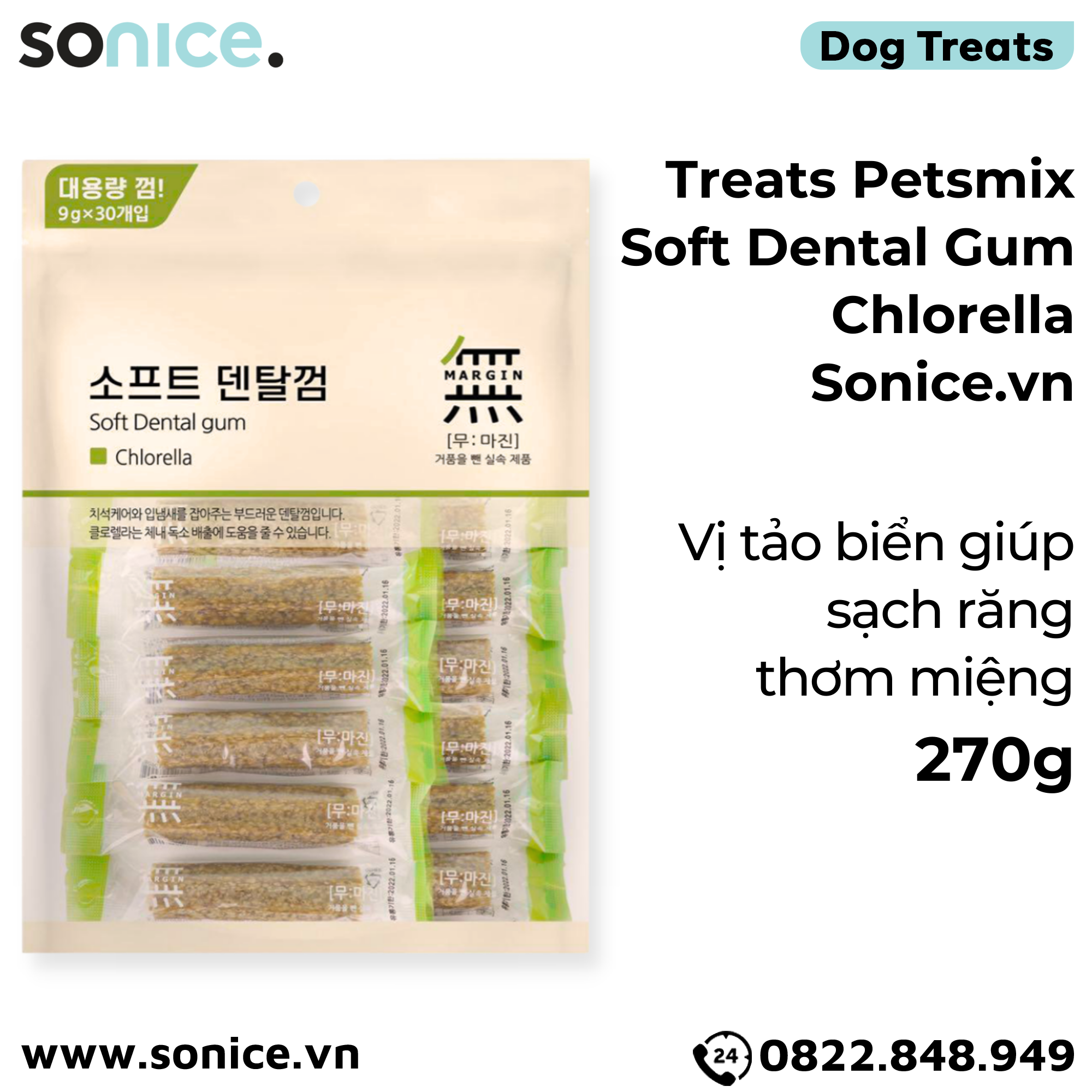 Treats Petsmix Soft Dental Gum Chlorella 270g - 30 cây vị Tảo biển, sạch răng thơm miệng SONICE.