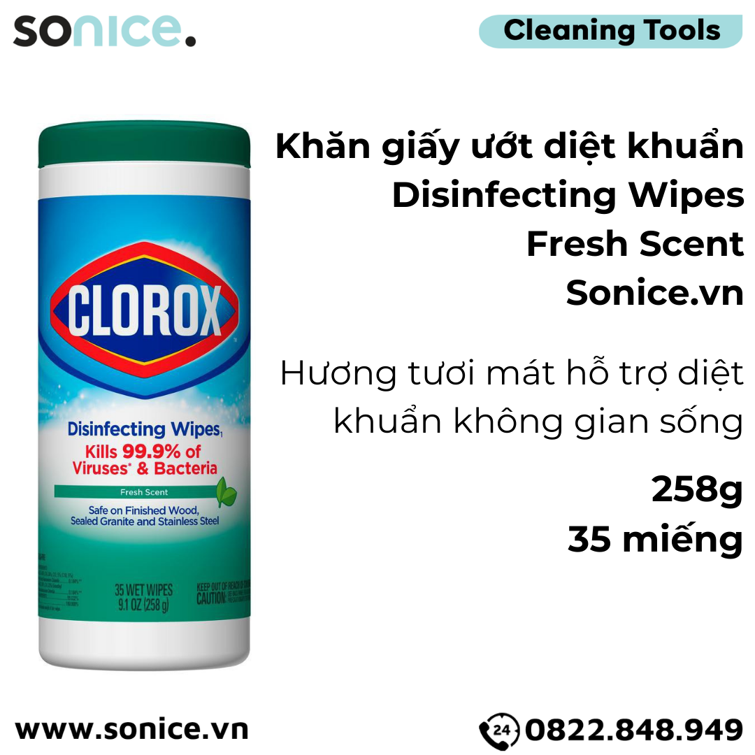 Khăn giấy ướt diệt khuẩn Clorox Disinfecting Wipes Fresh Scent 258g - 35 miếng - Hương tươi mát, hỗ trợ diệt khuẩn không gian sống SONICE.