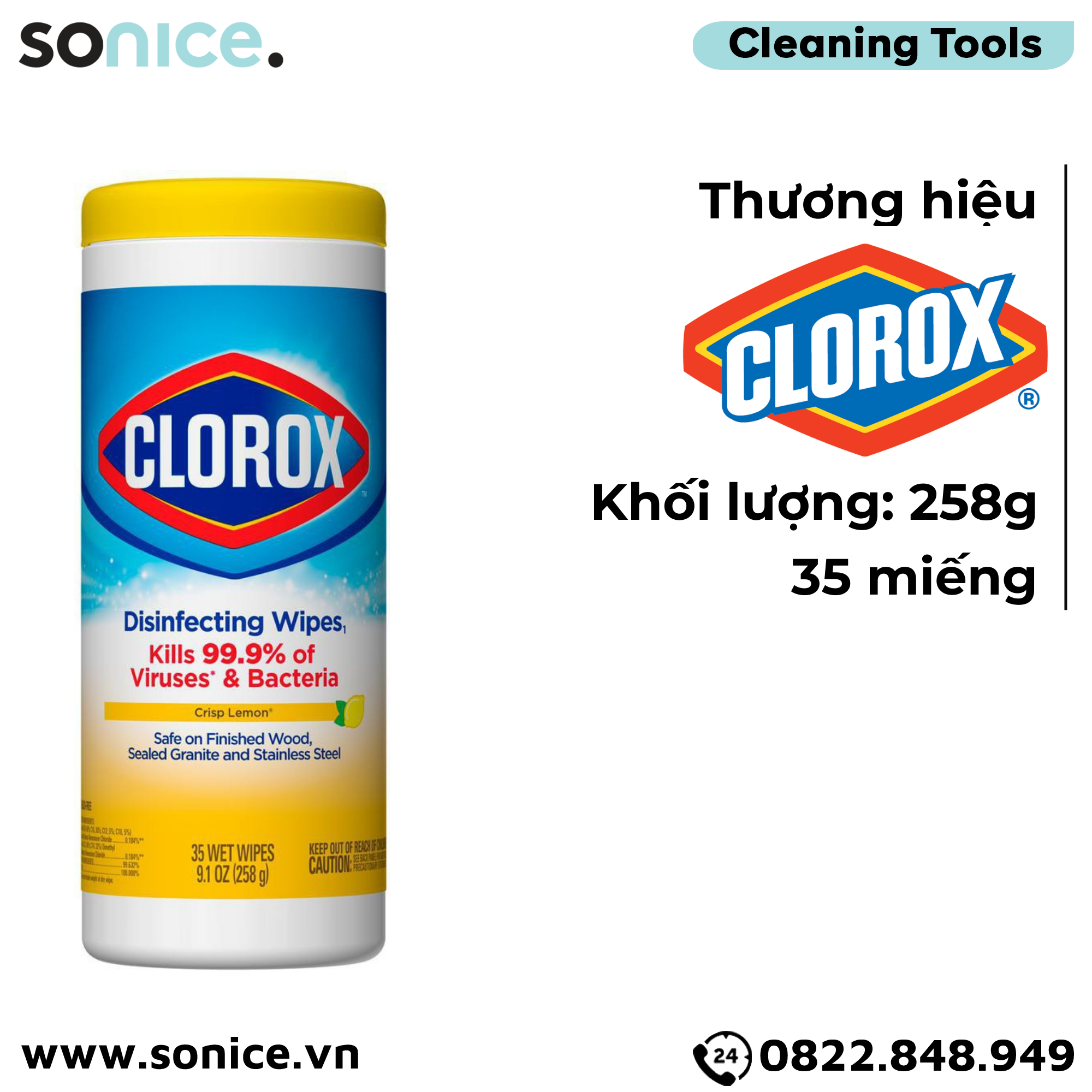  Khăn giấy ướt diệt khuẩn Clorox Disinfecting Wipes Crisp Lemon 258g - 35 miếng - Hương chanh, hỗ trợ diệt khuẩn không gian sống 