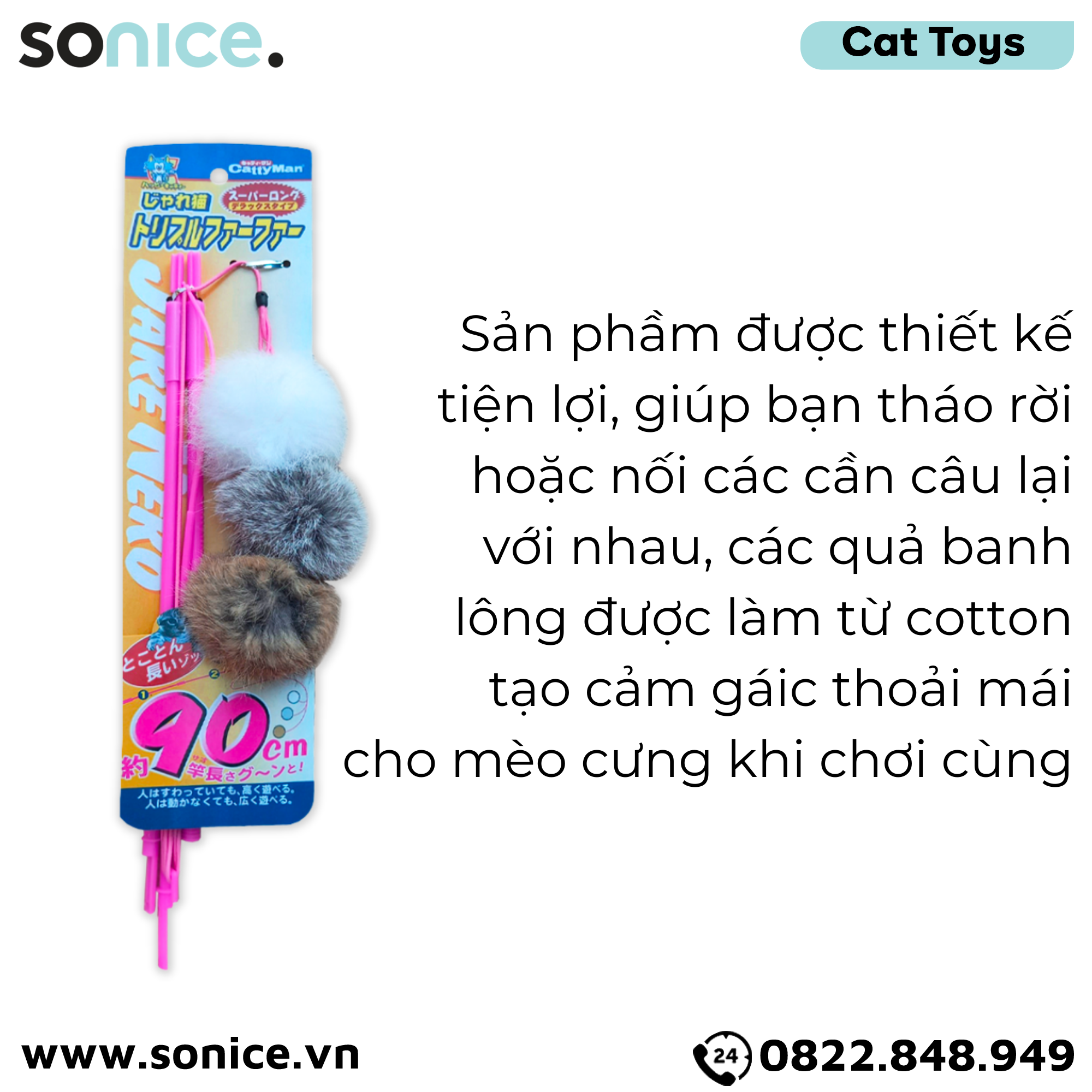 Đồ chơi cần câu 3 banh lông CattyMan Toys size 90cm - SONICE.