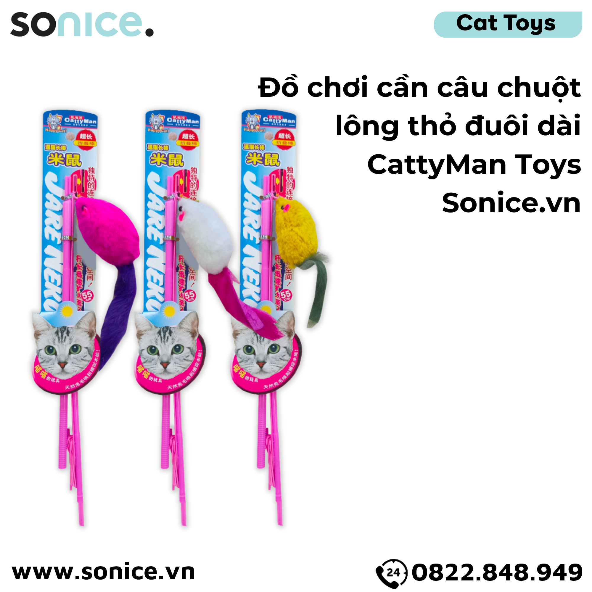 Đồ chơi cần câu chuột lông thỏ đuôi dài CattyMan Toys - SONICE.