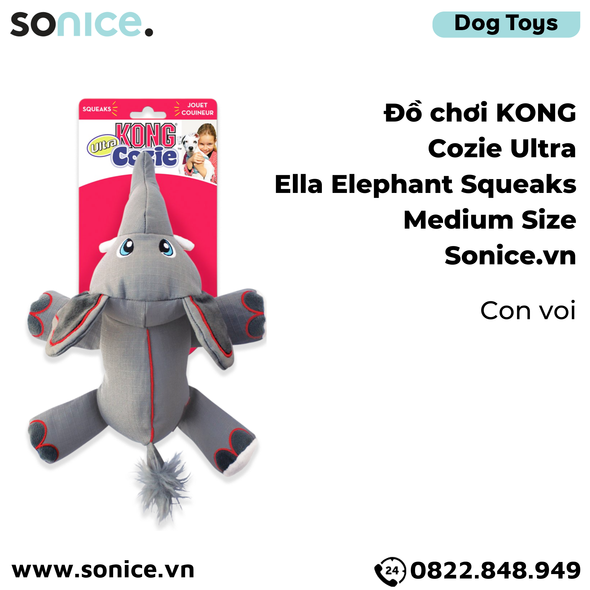 Đồ chơi KONG Cozie Ultra Ella Elephant Squeaks Medium Size - Con voi SONICE.