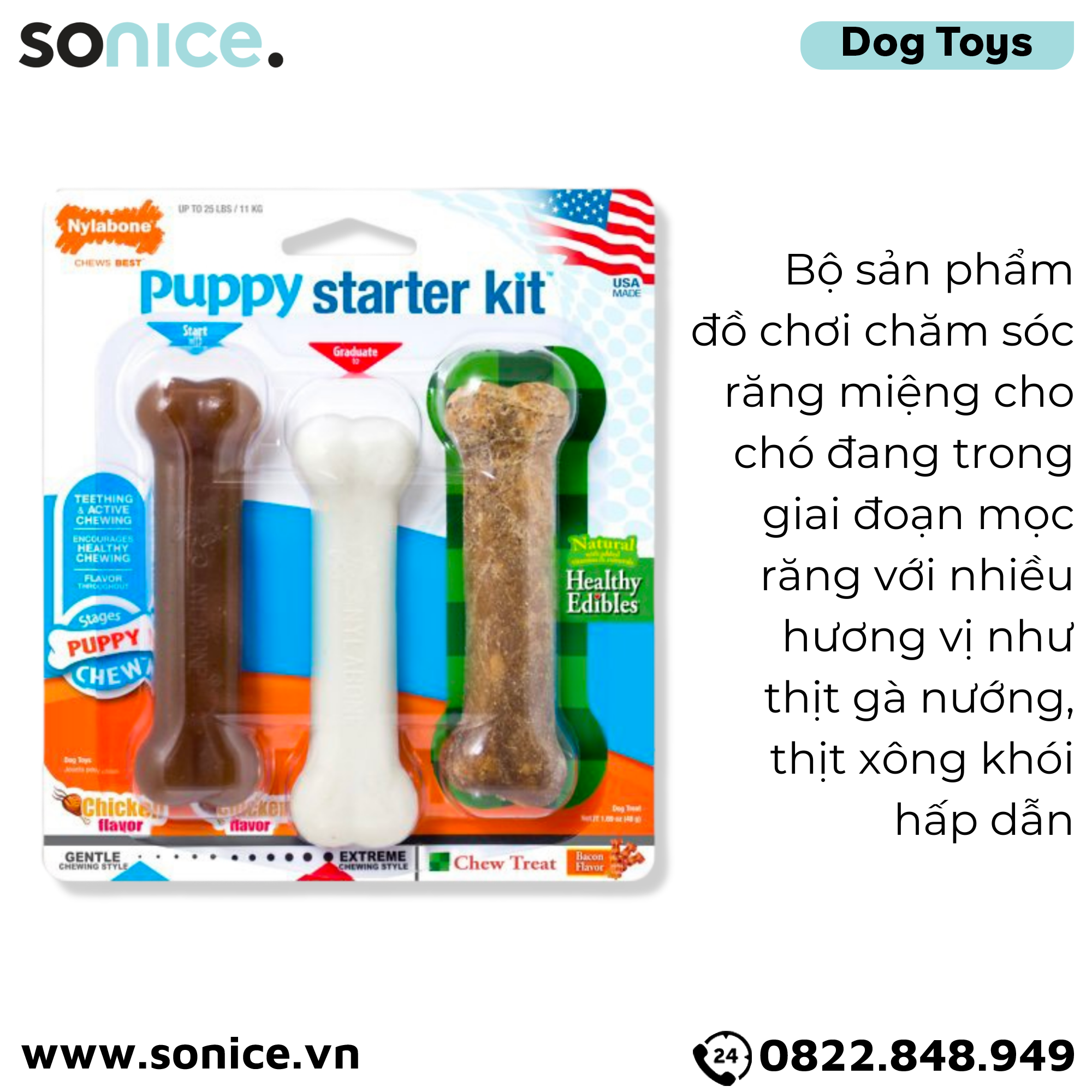 Đồ chơi Nylabone Puppy Chew Starter Kit Chicken Flavor Toys - vị Gà, dành cho chó nhỏ trong giai đoạn phát triển SONICE.