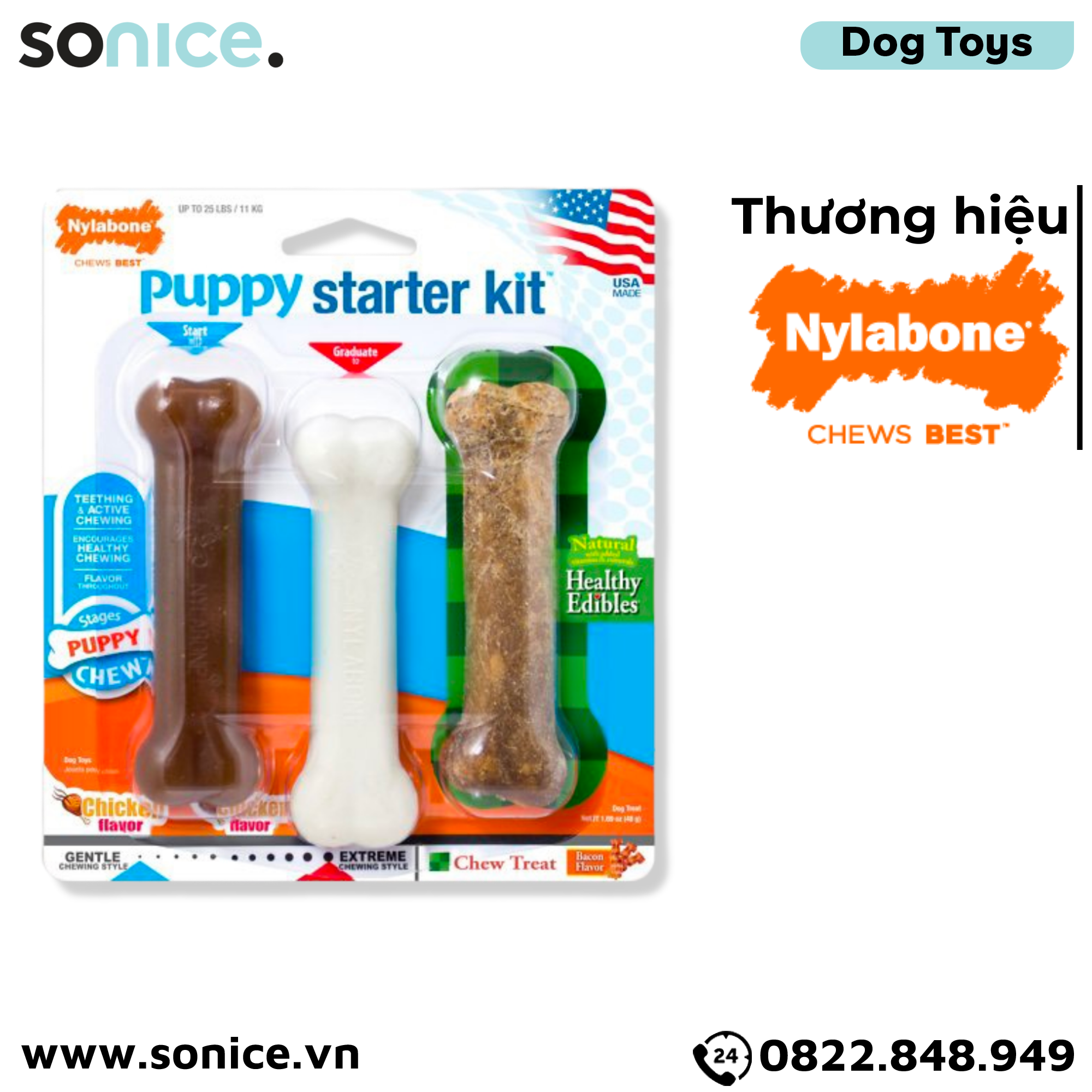 Đồ chơi Nylabone Puppy Chew Starter Kit Chicken Flavor Toys - vị Gà, dành cho chó nhỏ trong giai đoạn phát triển SONICE.