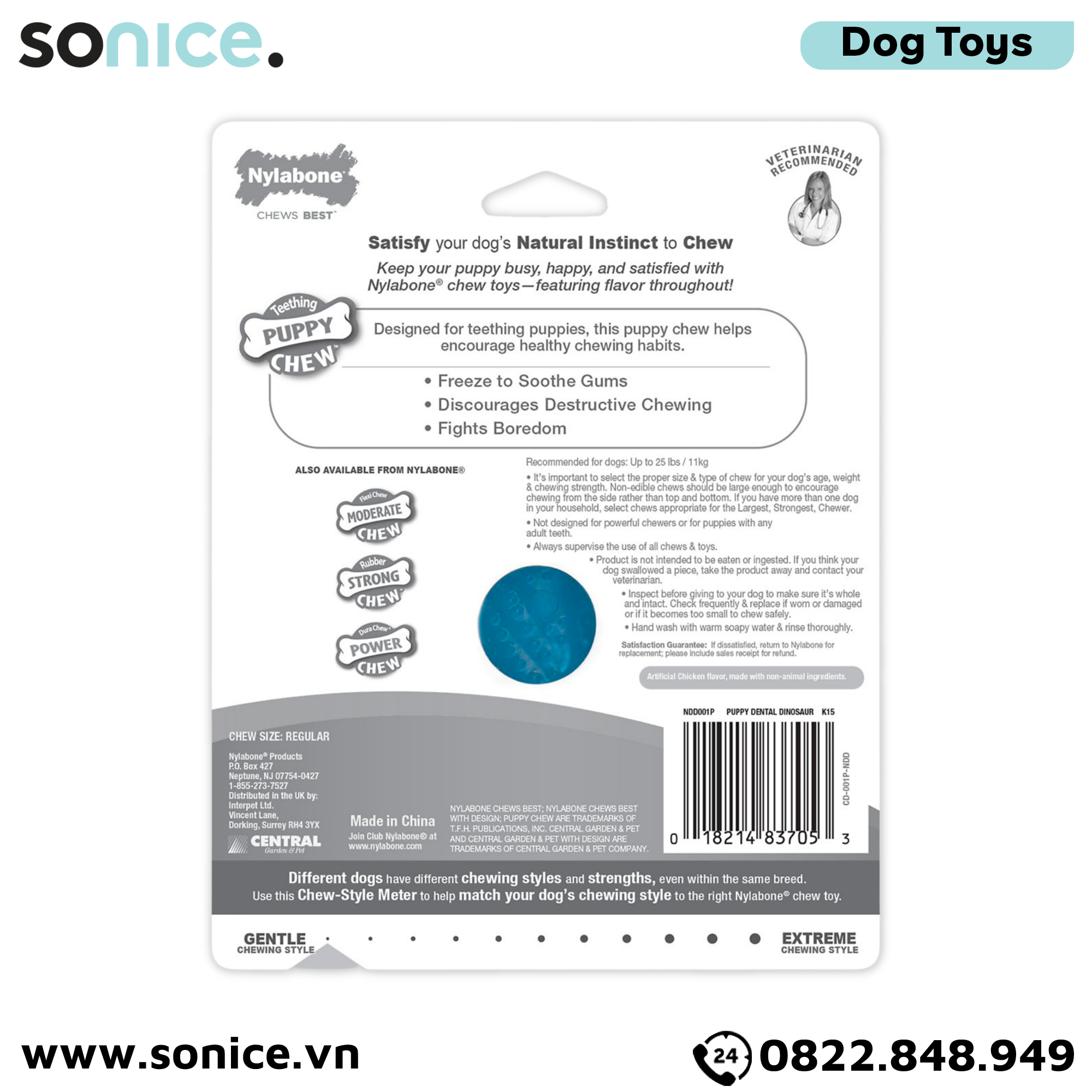 Đồ chơi Nylabone Teething Puppy Chew Toys - Con khủng long massage nướu, vệ sinh răng SONICE.