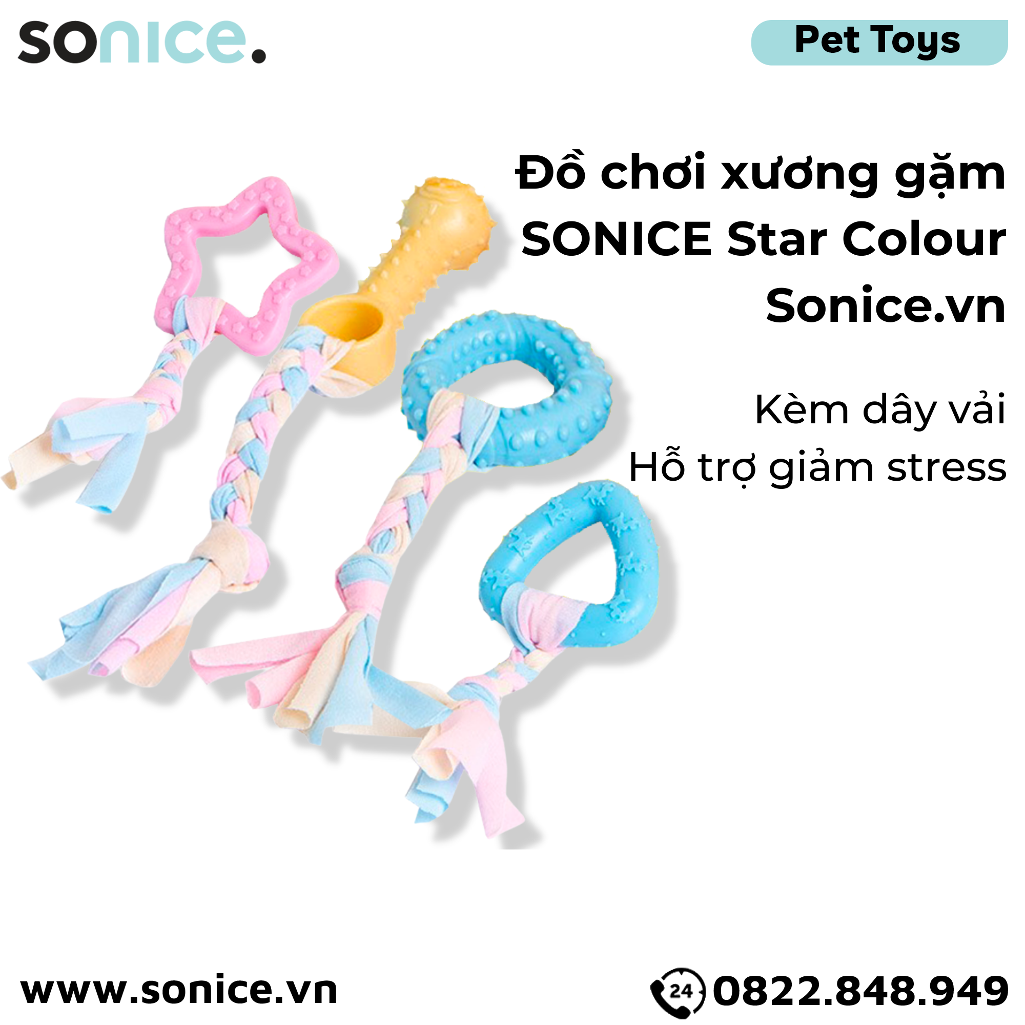 Đồ chơi xương gặm SONICE Star Colour Toys - Kèm dây vải, hỗ trợ giảm stress SONICE.