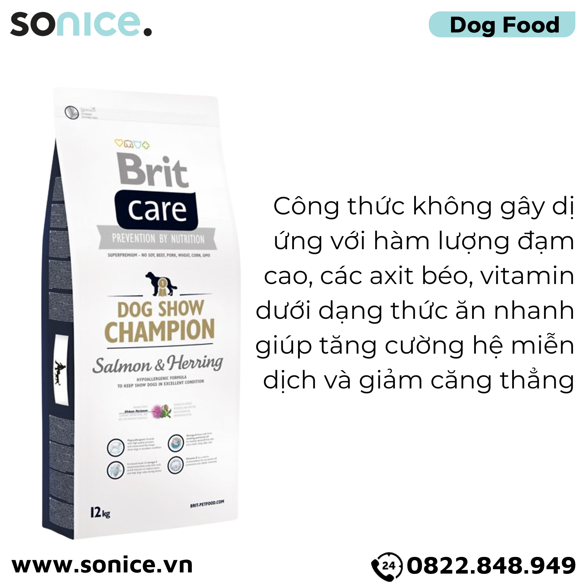 Thức ăn chó Brit Care Prevention by Nutrition Dog Show Champion Salmon & Herring Hypoallergenic 12kg - Hỗ trợ dị dứng, vị Cá hồi và Cá trích SONICE.