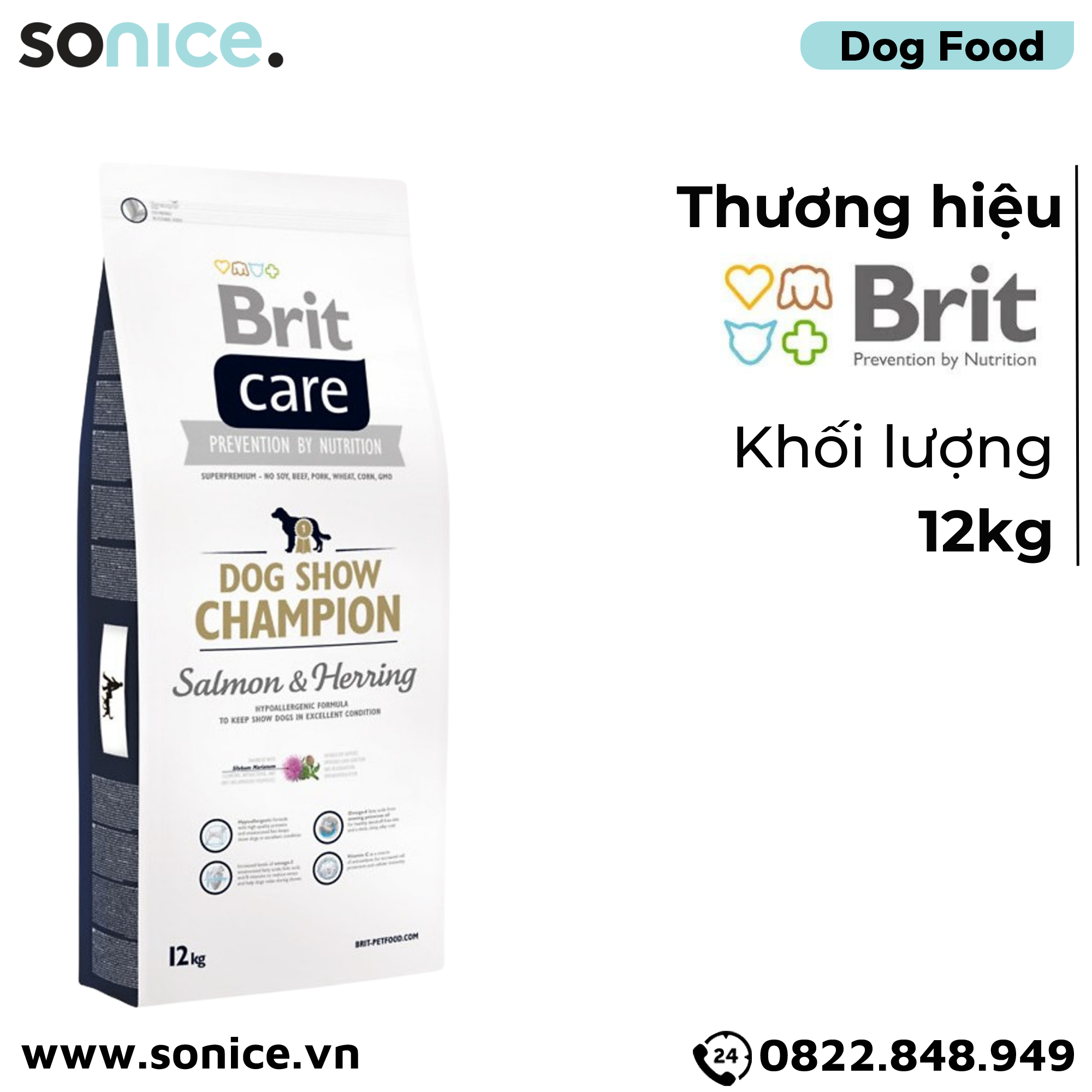 Thức ăn chó Brit Care Prevention by Nutrition Dog Show Champion Salmon & Herring Hypoallergenic 12kg - Hỗ trợ dị dứng, vị Cá hồi và Cá trích SONICE.