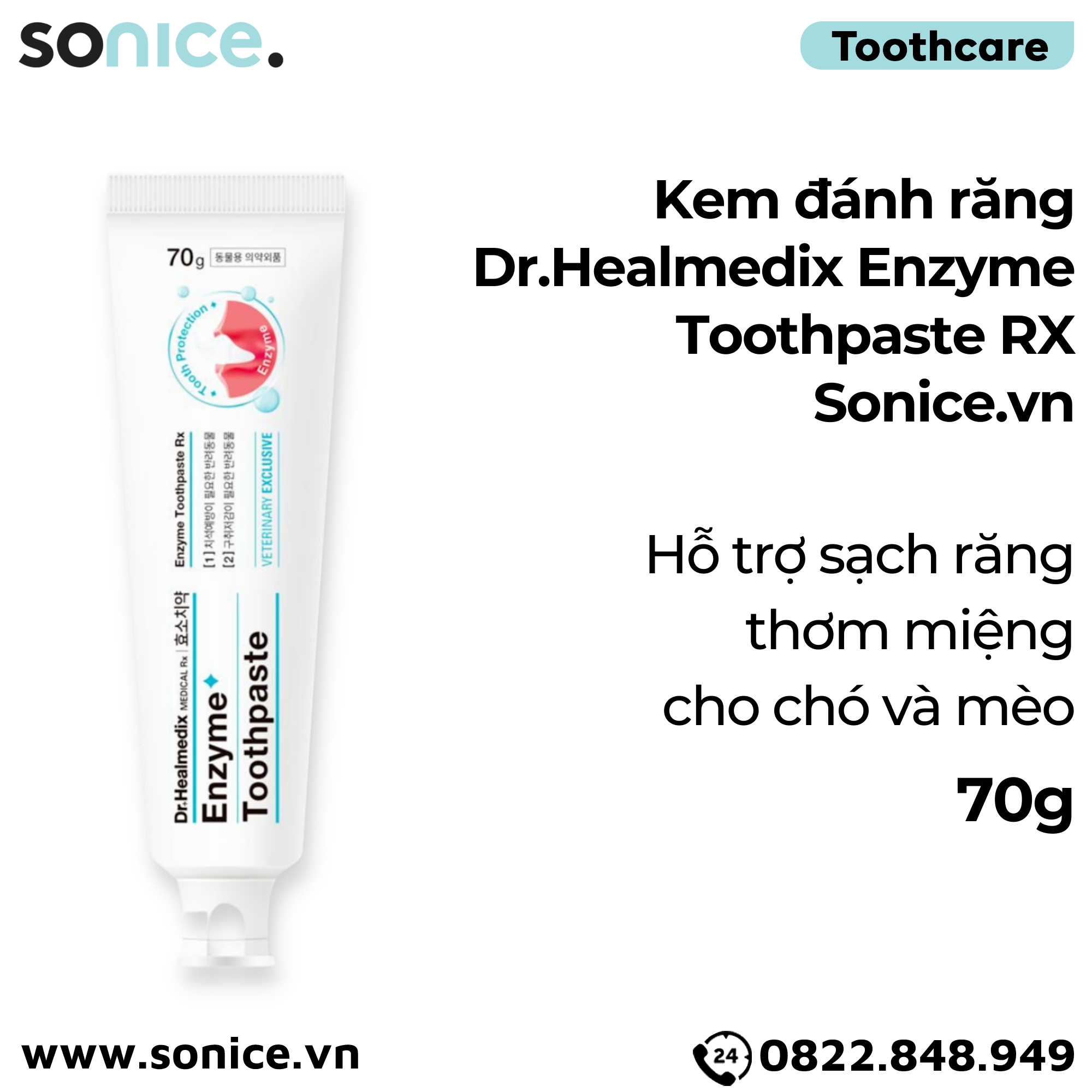 Kem đánh răng Dr.Healmedix Enzyme Toothpaste RX 70g - Hỗ trợ sạch răng thơm miệng cho chó, mèo SONICE.