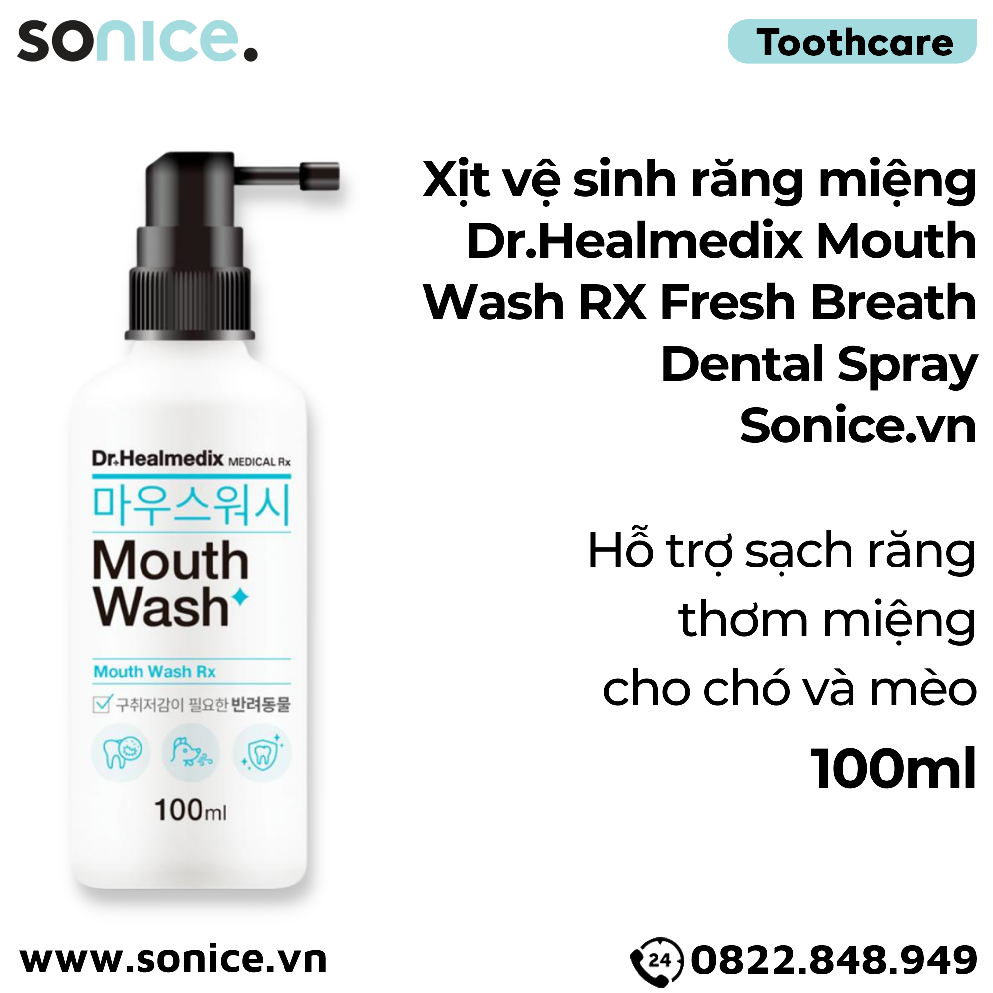 Xịt vệ sinh răng miệng Dr.Healmedix Mouth Wash RX Fresh Breath Dental Spray 100ml - Hỗ trợ sạch răng thơm miệng cho chó, mèo SONICE.