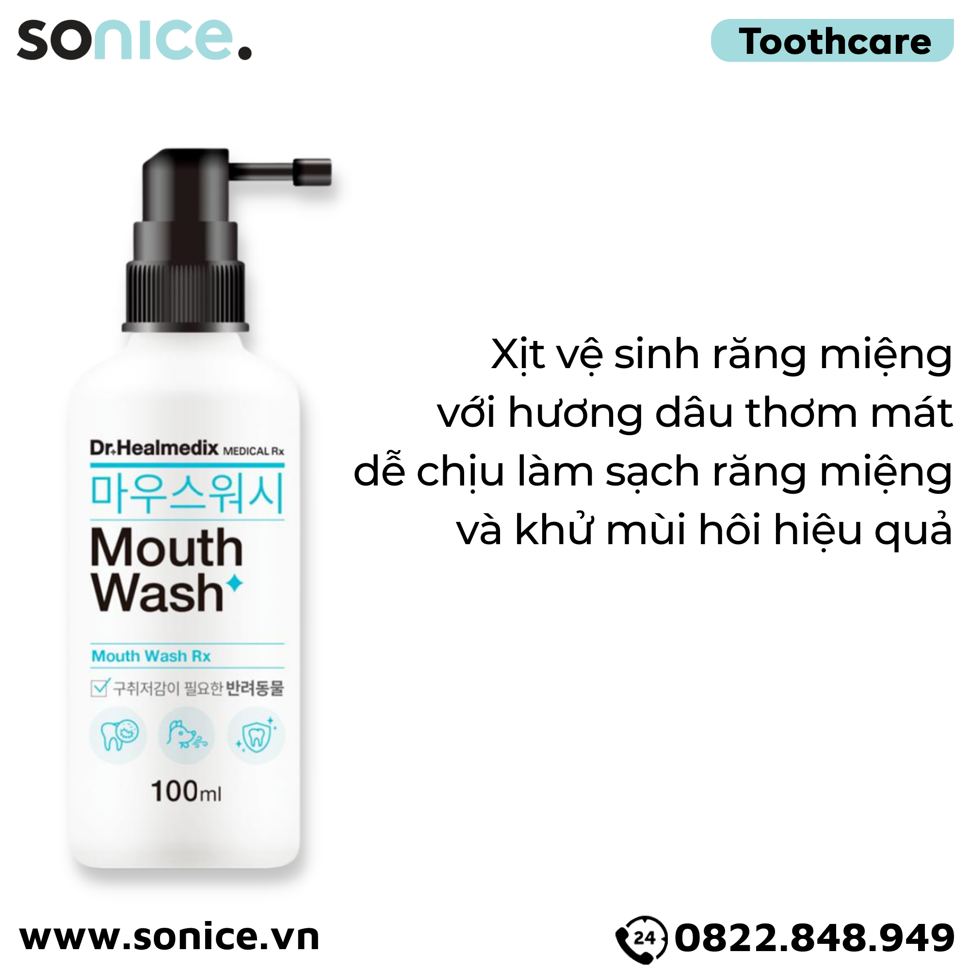 Xịt vệ sinh răng miệng Dr.Healmedix Mouth Wash RX Fresh Breath Dental Spray 100ml - Hỗ trợ sạch răng thơm miệng cho chó, mèo SONICE.
