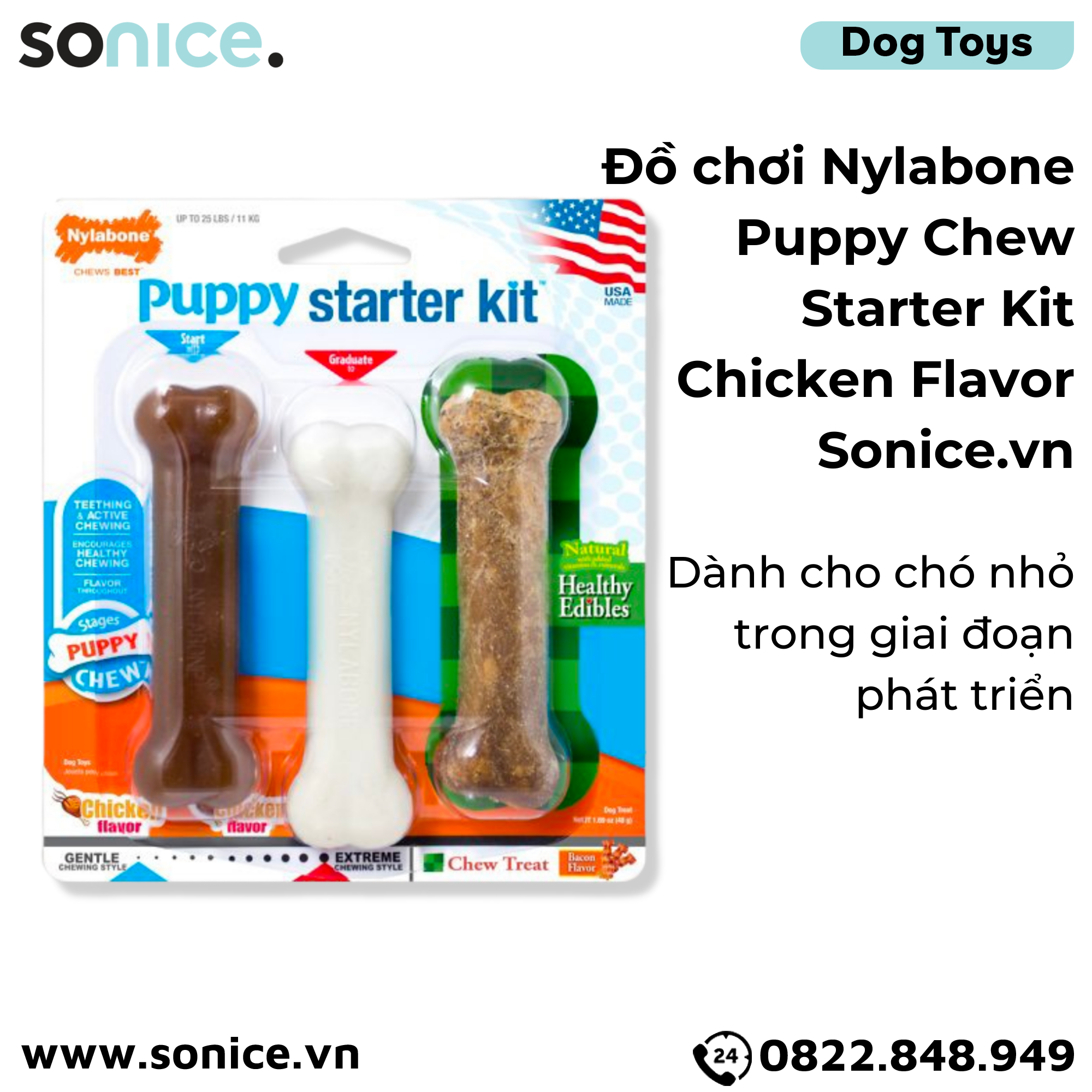 Đồ chơi Nylabone Puppy Chew Starter Kit Chicken Flavor Toys - vị Gà, dành cho chó nhỏ trong giai đoạn phát triển SONICE.