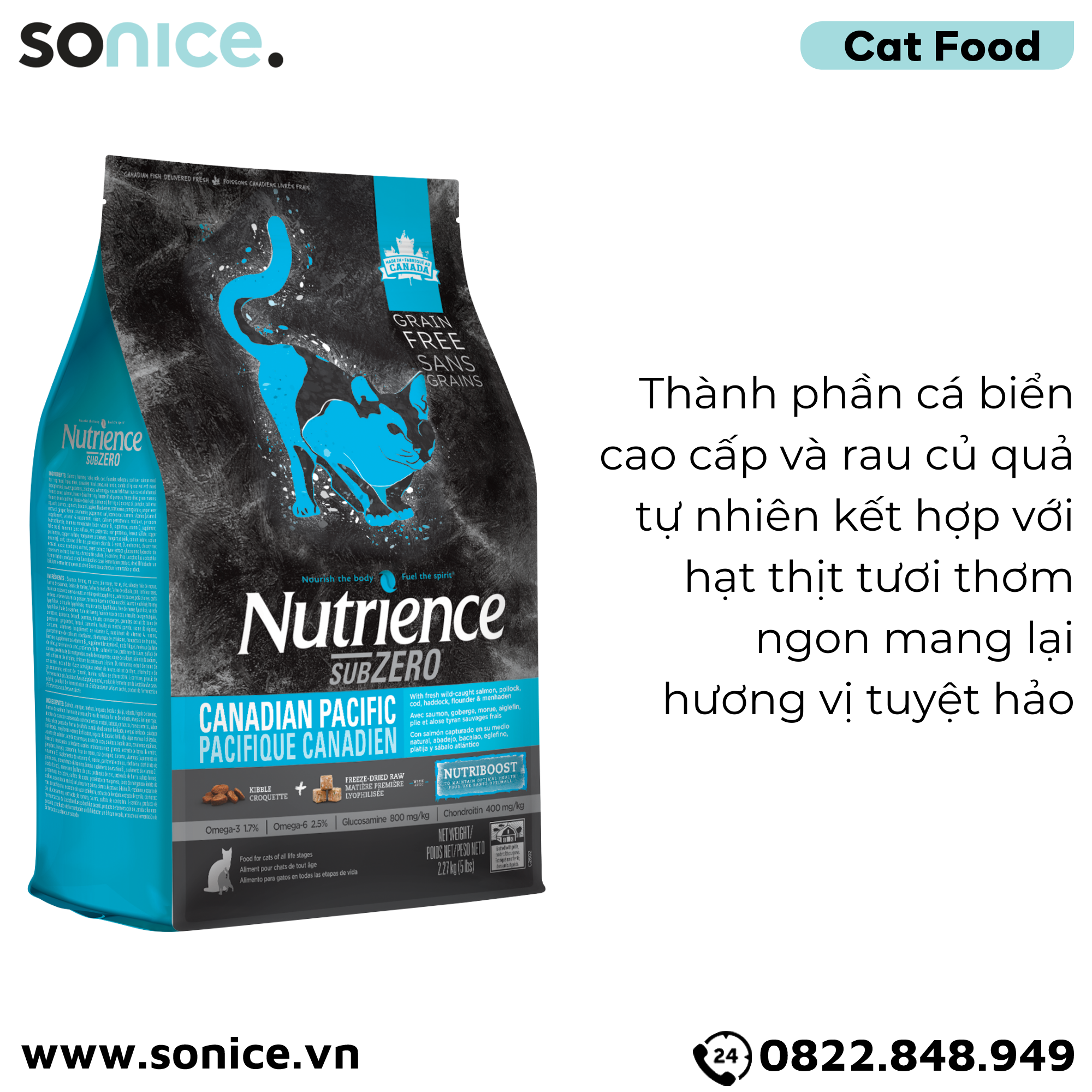 Thức ăn mèo Nutrience SubZero Cá hồi, Cá minh thái, Cá tuyết & Rau củ 2.27kg - Cho mèo mọi lứa tuổi SONICE.