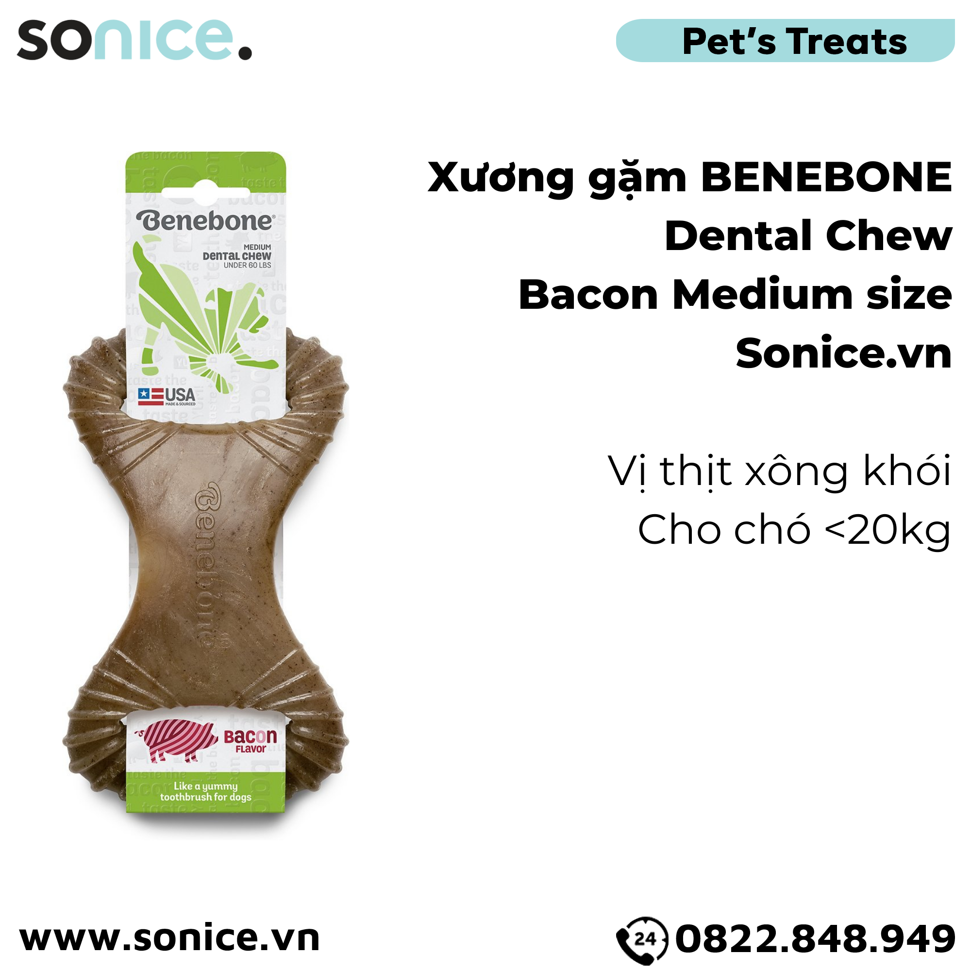Xương gặm BENEBONE Dental Chew Bacon Medium Size cho chó >20kg - vị thịt xông khói SONICE.