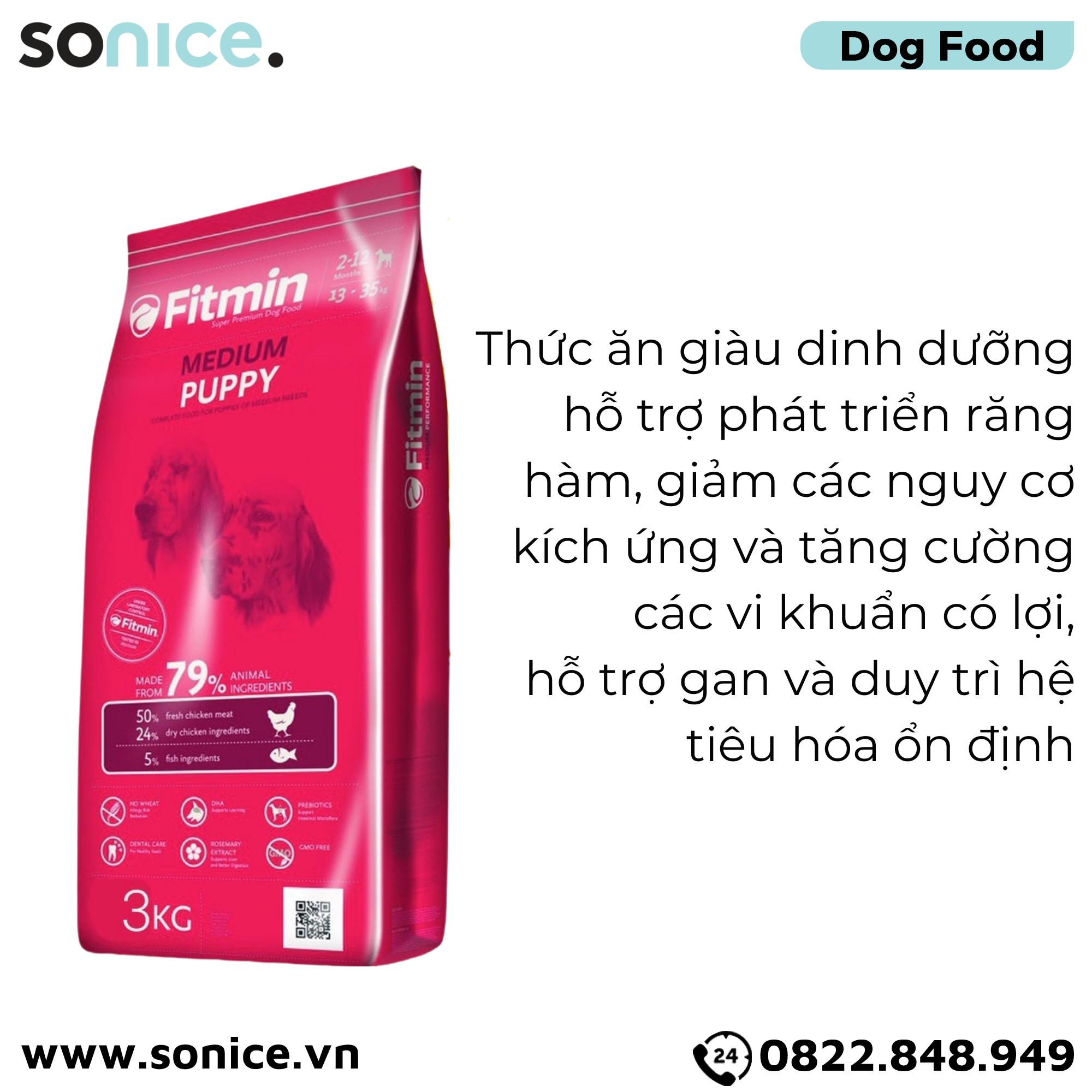 Thức ăn chó FITMIN Medium Puppy 3kg - chó con giống vừa SONICE.