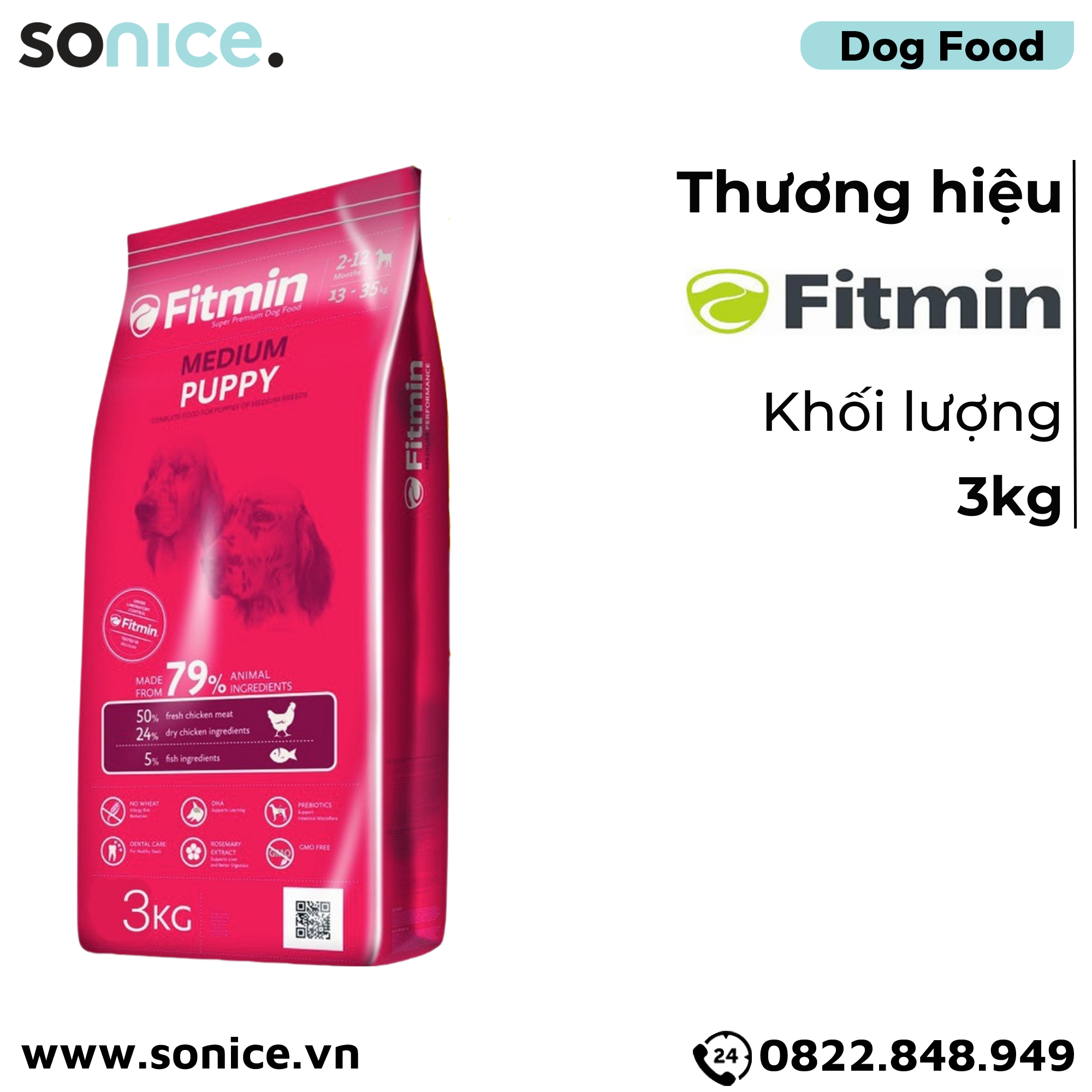 Thức ăn chó FITMIN Medium Puppy 3kg - chó con giống vừa SONICE.