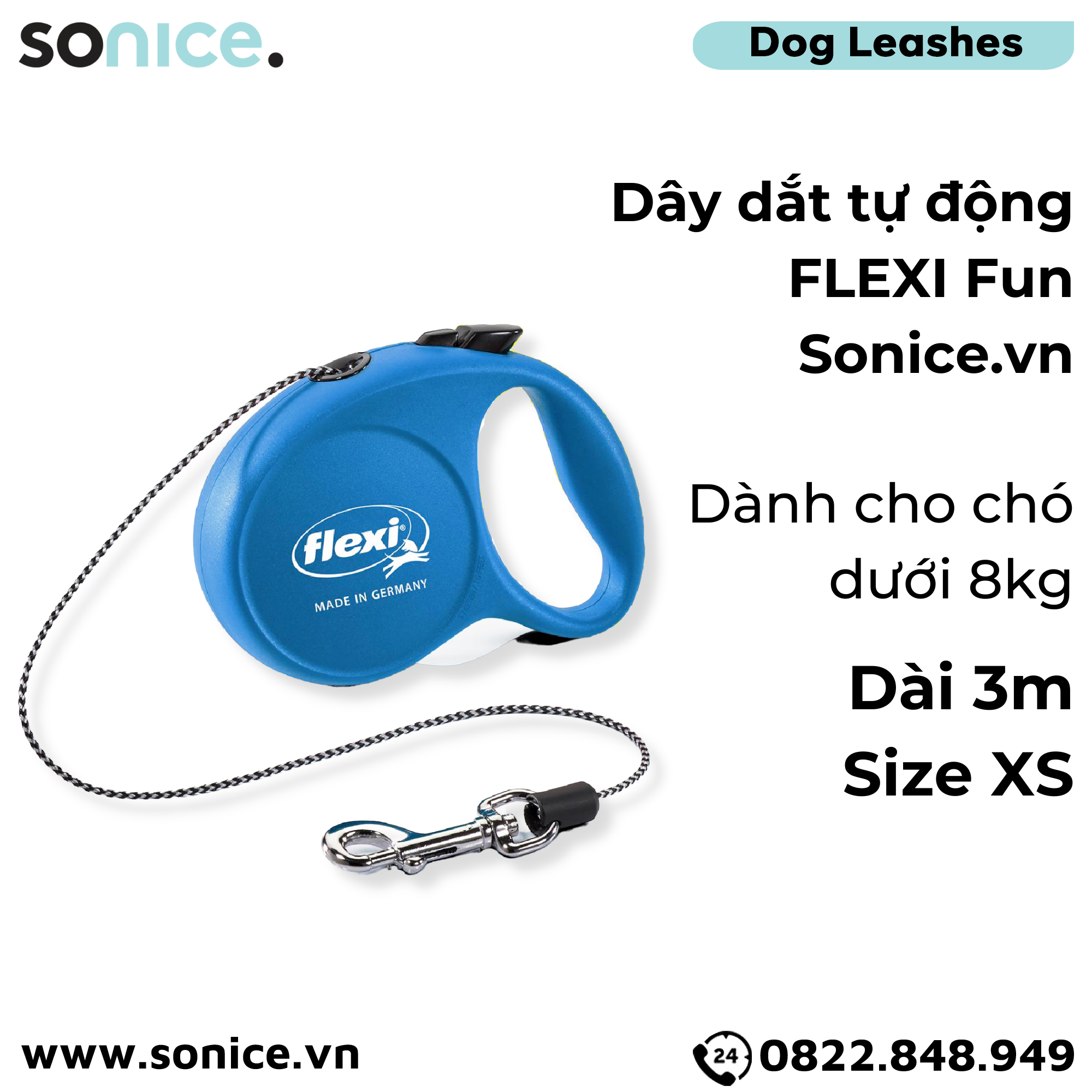  Dây dắt tự động FLEXI Fun XS - Dây tròn 3m, < 8kg SONICE. 