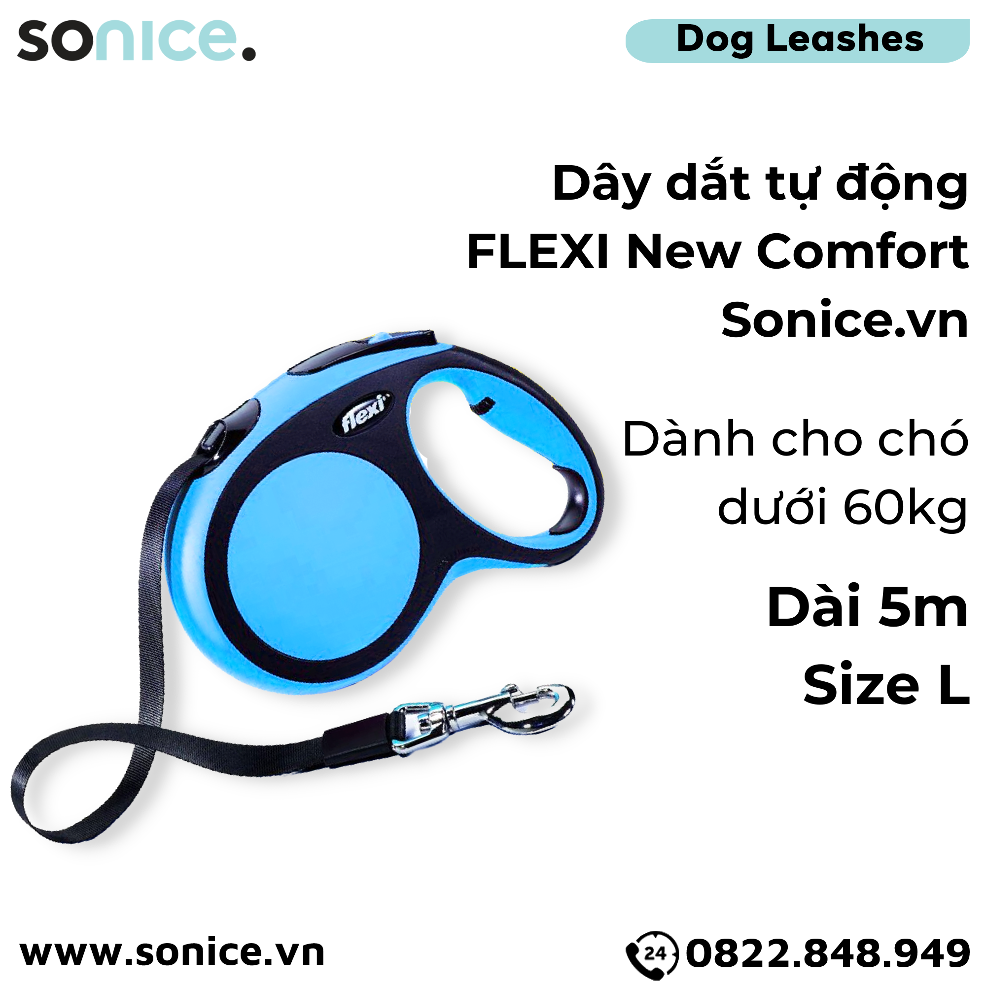 Dây dắt tự động FLEXI New Comfort L - Dây dẹp 5m, < 60kg SONICE.