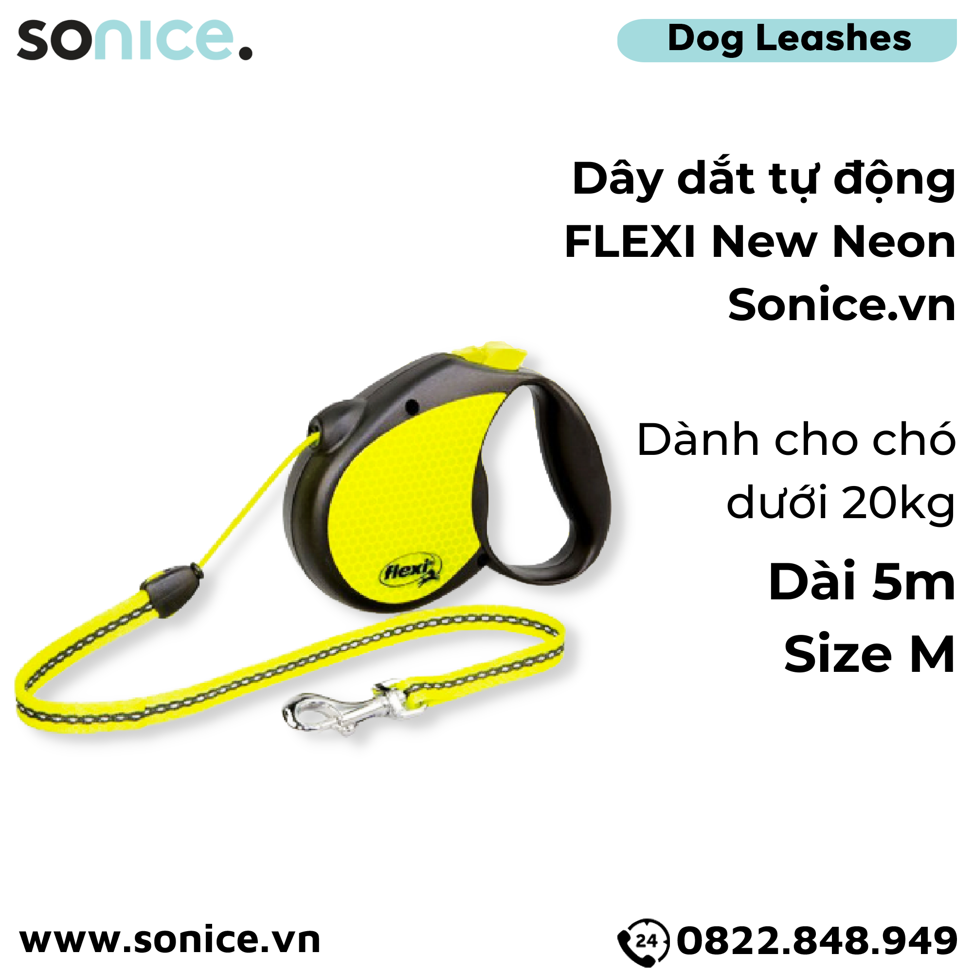 Dây dắt tự động FLEXI New Neon M - Dây tròn 5m, < 20kg SONICE.