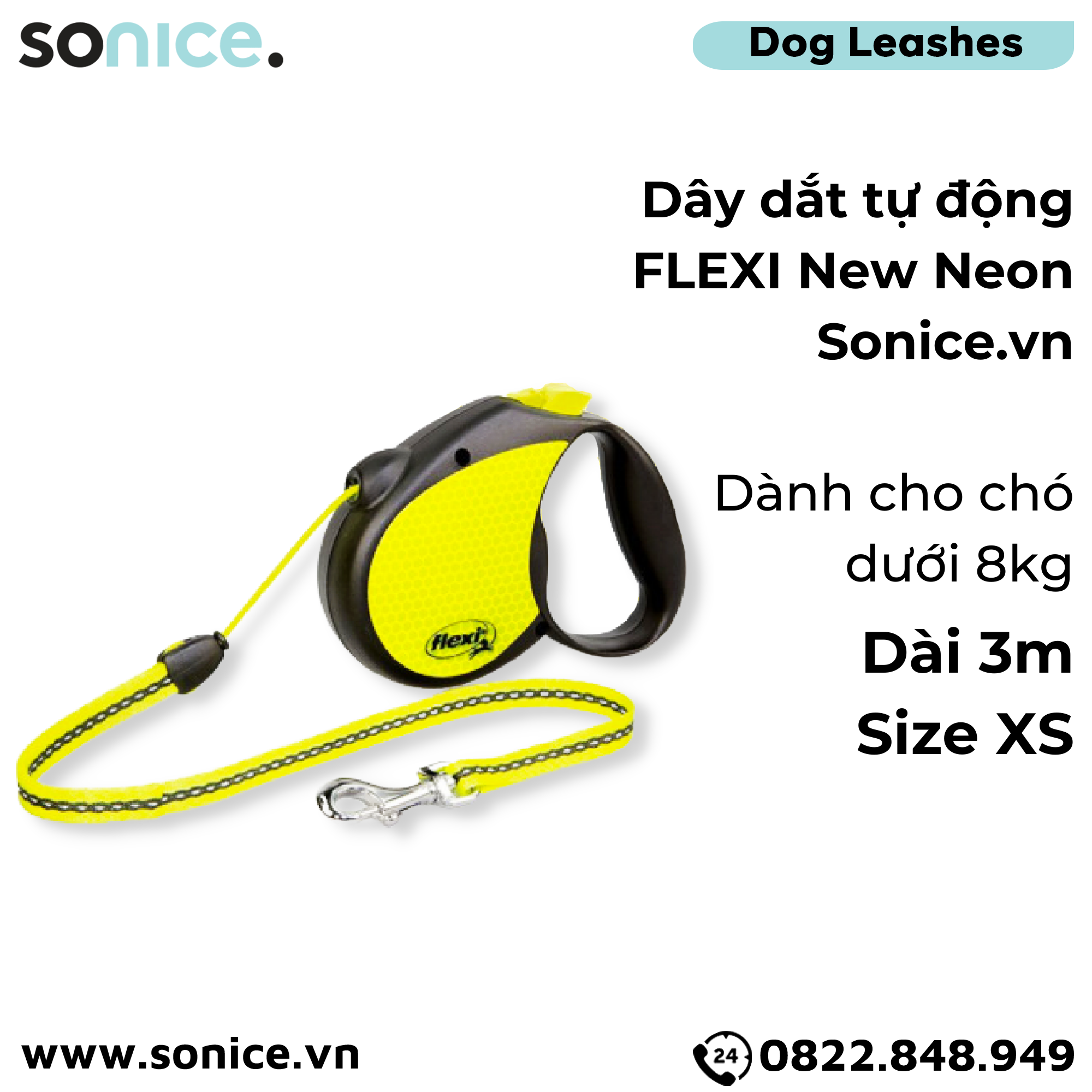  Dây dắt tự động FLEXI New Neon XS - Dây tròn 3m, < 8kg SONICE. 