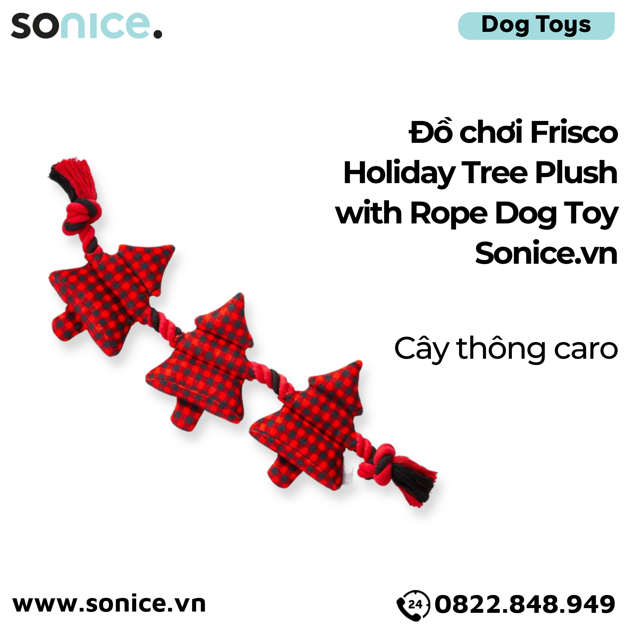 Đồ chơi Frisco Holiday Tree Plush with Rope Dog Toy - Cây thông caro SONICE.