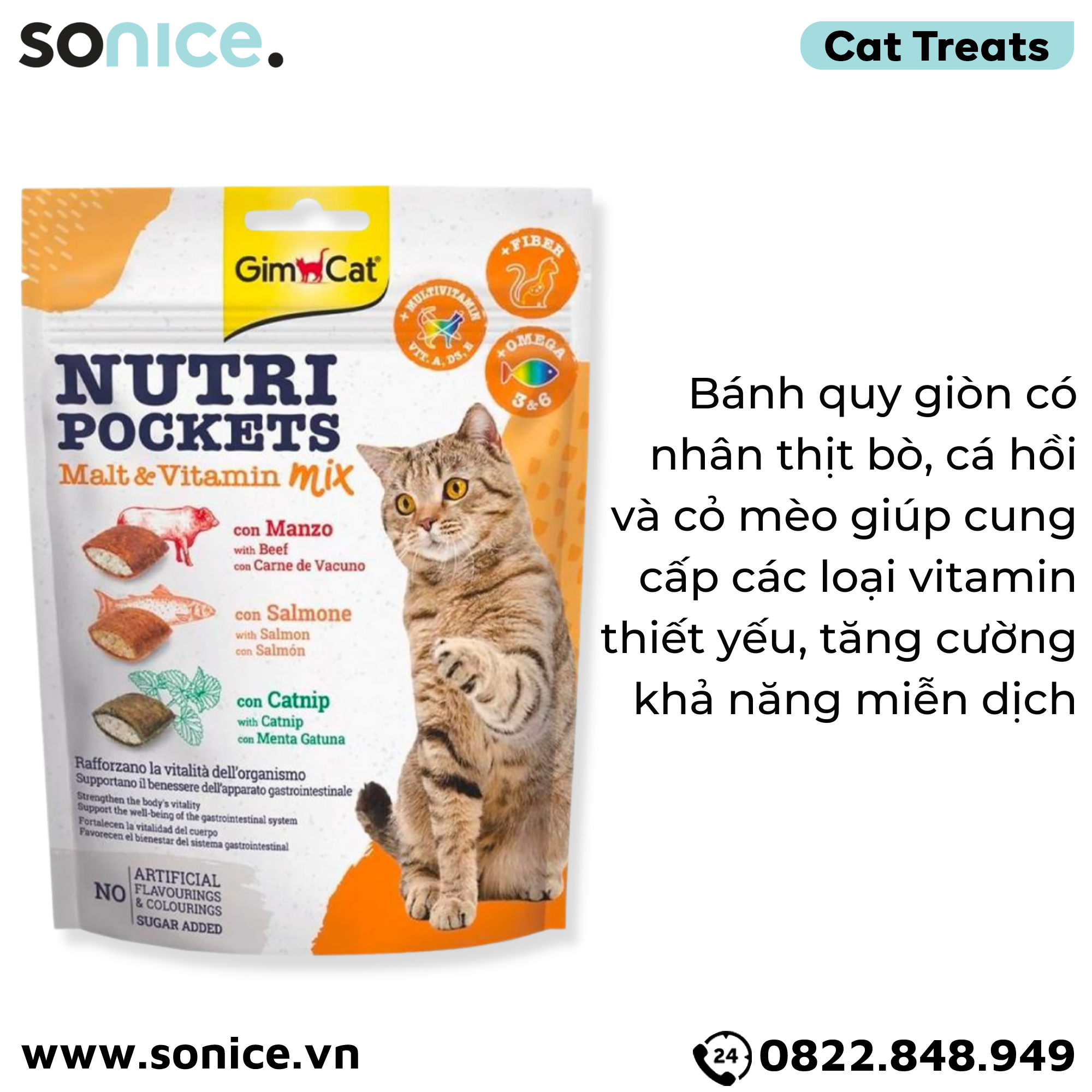 Treats Gimcat Nutri Pockets Malt Vitamin Mix 150g - Mix vị thịt bò, cá hồi và cỏ mèo, bổ sung Vitamin và Omega 3&6 SONICE.