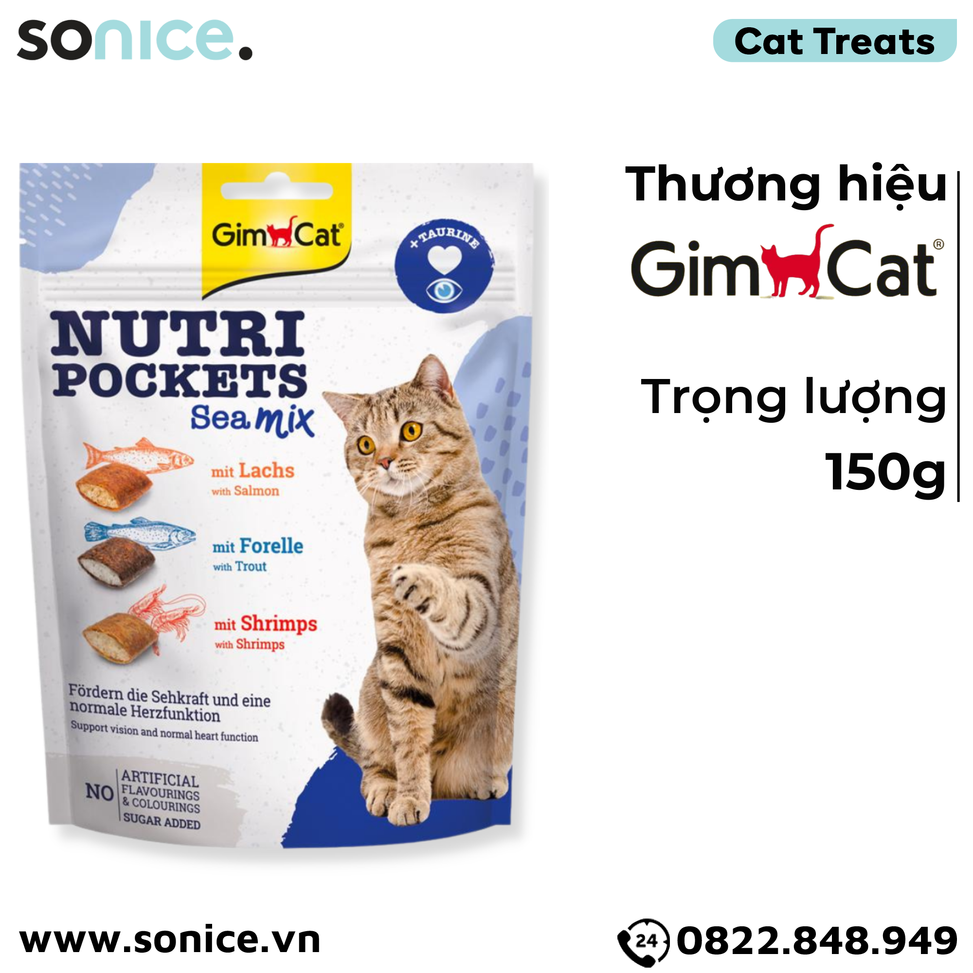 Treats GimCat Nutri Pockets Sea Mix 150g - Mix vị cá hồi và tôm, bổ sung Taurine SONICE.