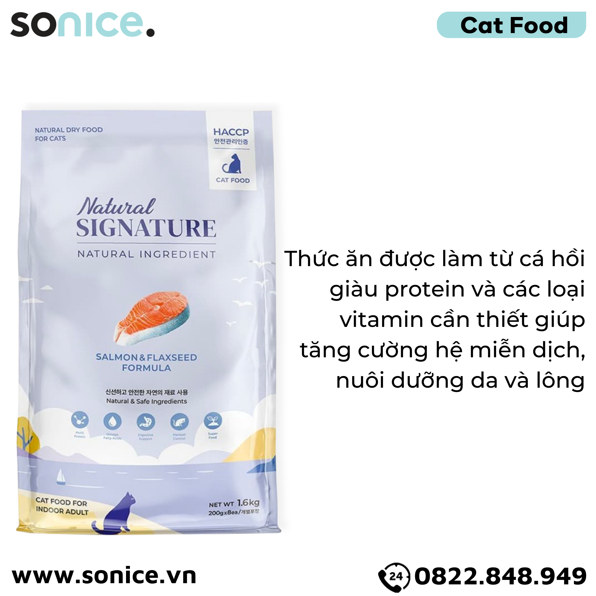 Thức ăn mèo Natural SIGNATURE Adult Salmon & Flaxseed Formula 1.6kg - Cá hồi và hạt lanh SONICE.