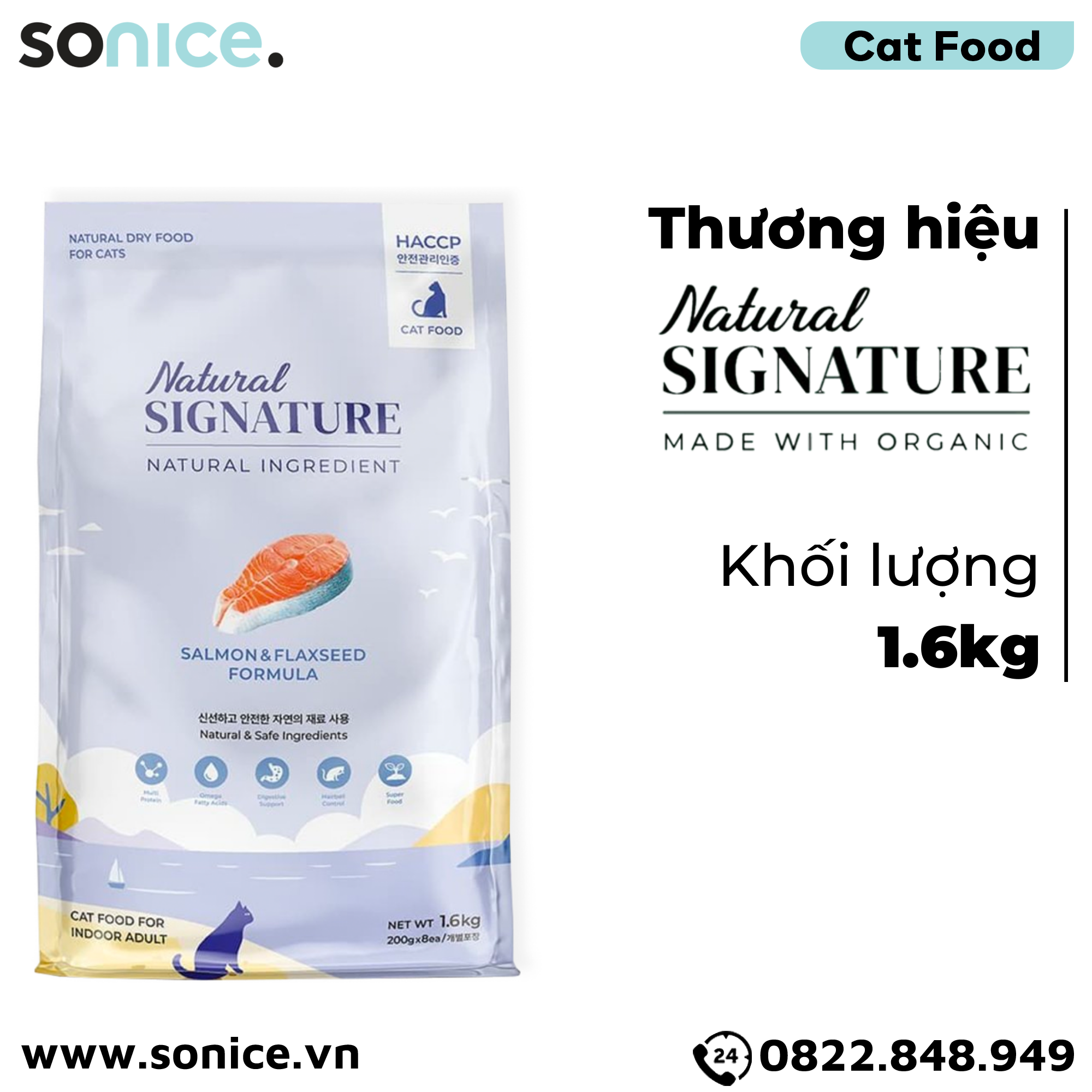 Thức ăn mèo Natural SIGNATURE Adult Salmon & Flaxseed Formula 1.6kg - Cá hồi và hạt lanh SONICE.