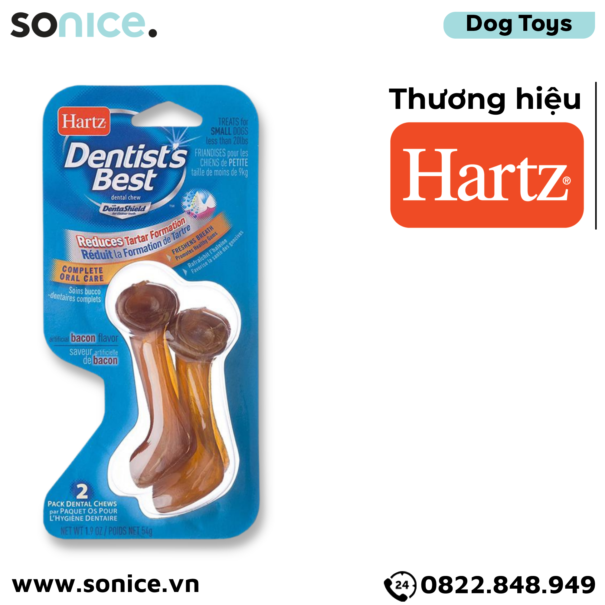  Đồ chơi Hartz Dentist's Best Dental Chew Bacon Flavor Toys Small Size - Vị thịt xông khói, cho chó < 9kg SONICE. 