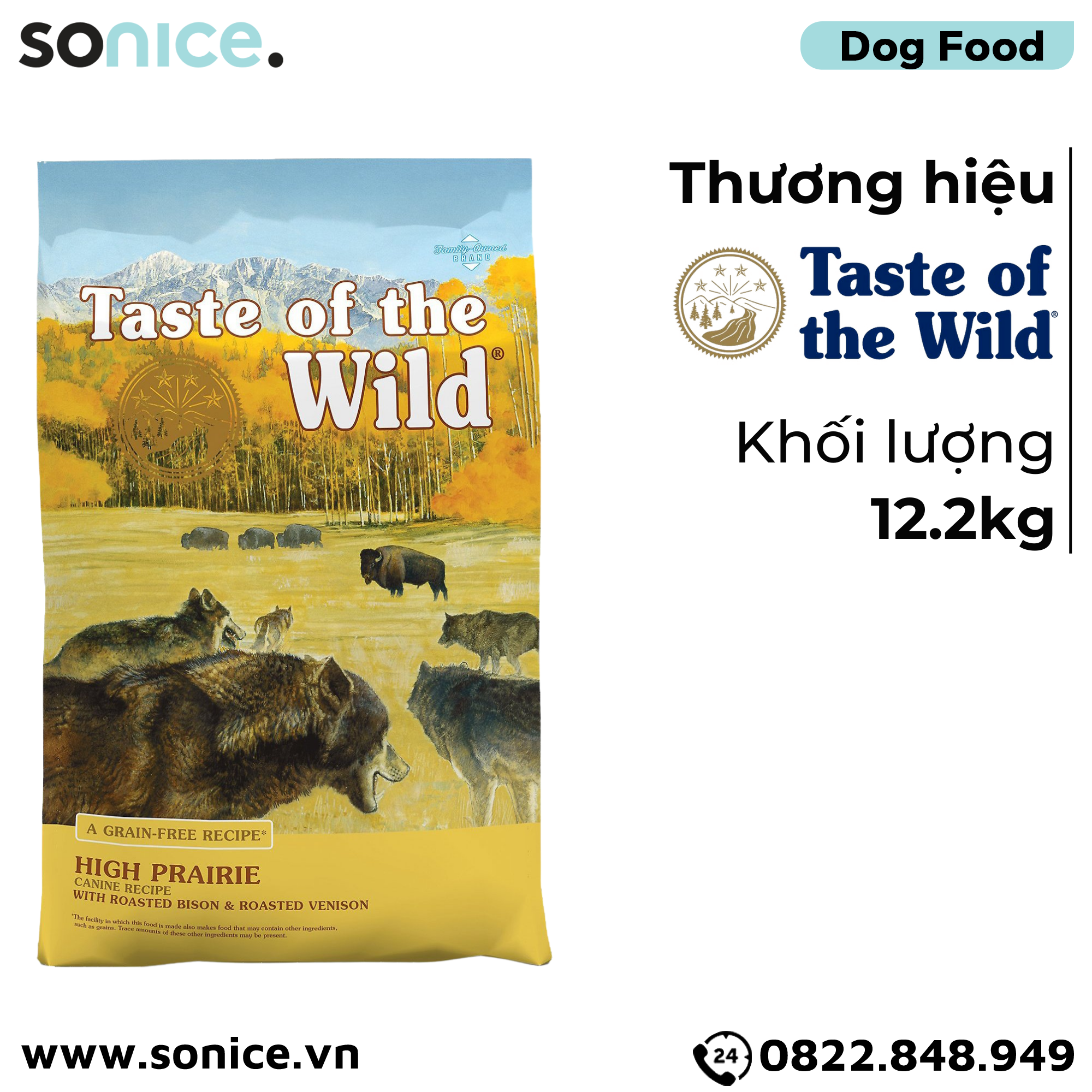 Thức ăn chó Taste Of The Wild High Prairie 12.2kg - Bison & Roasted Venison, Bò Rừng Nướng & Nai Nướng, mọi lứa tuổi - nhập USA SONICE.
