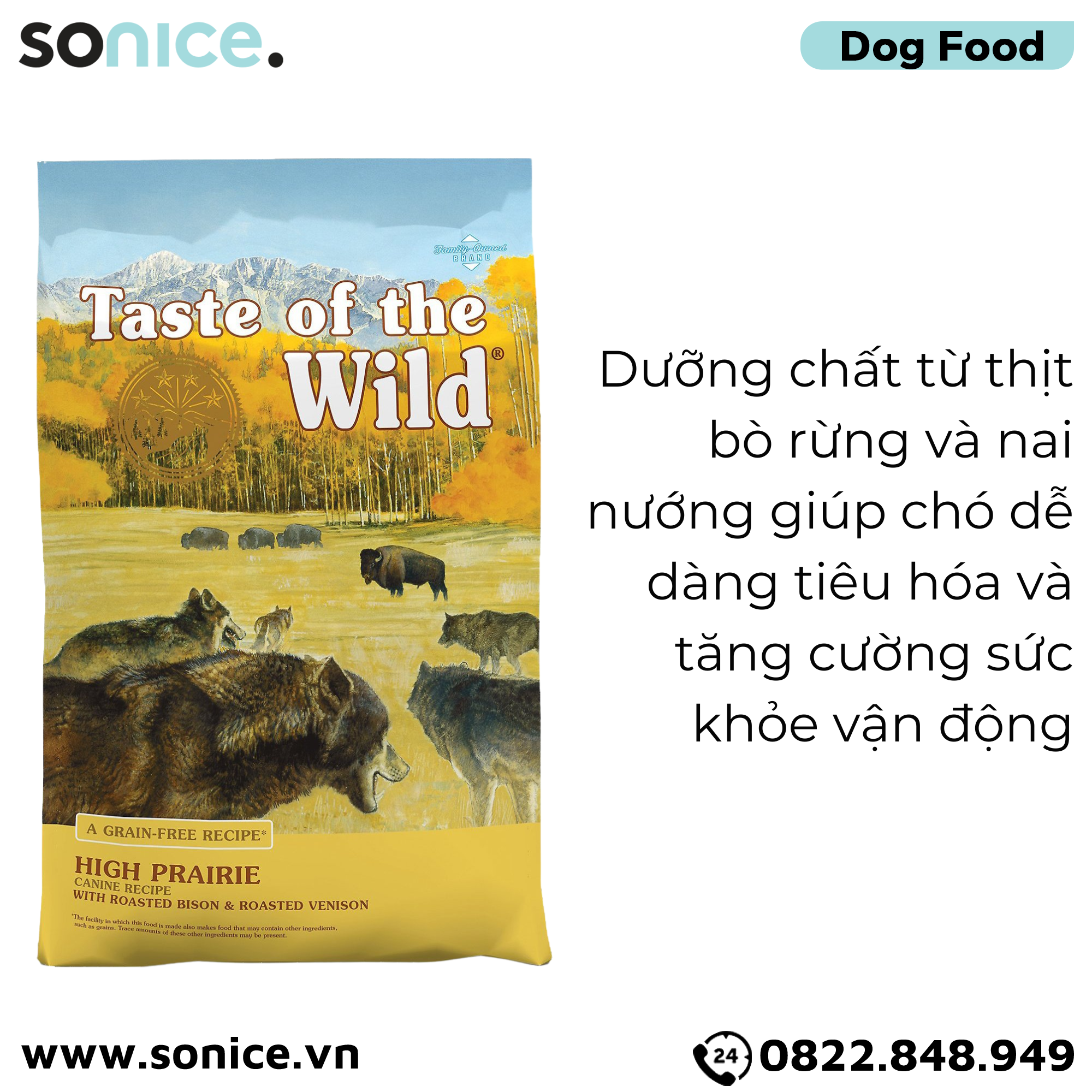 Thức ăn chó Taste Of The Wild High Prairie 2kg - Bison & Roasted Venison, Bò Rừng Nướng & Nai Nướng, mọi lứa tuổi - nhập USA SONICE.