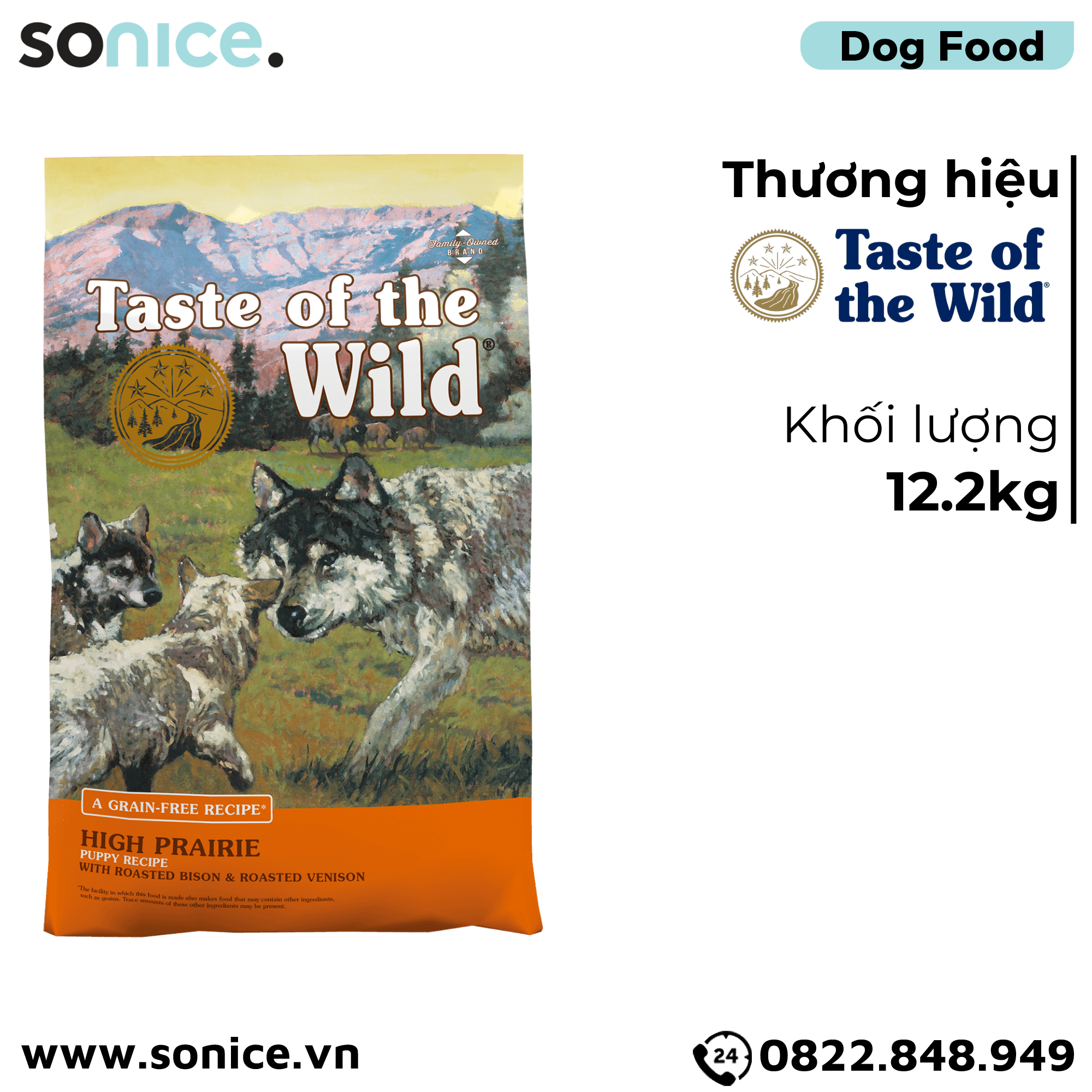 Thức ăn chó Taste Of The Wild High Prairie PUPPY 12.2kg - Bison & Roasted Venison, Bò Rừng Nướng & Nai Nướng, chuyên chó con - nhập USA SONICE.