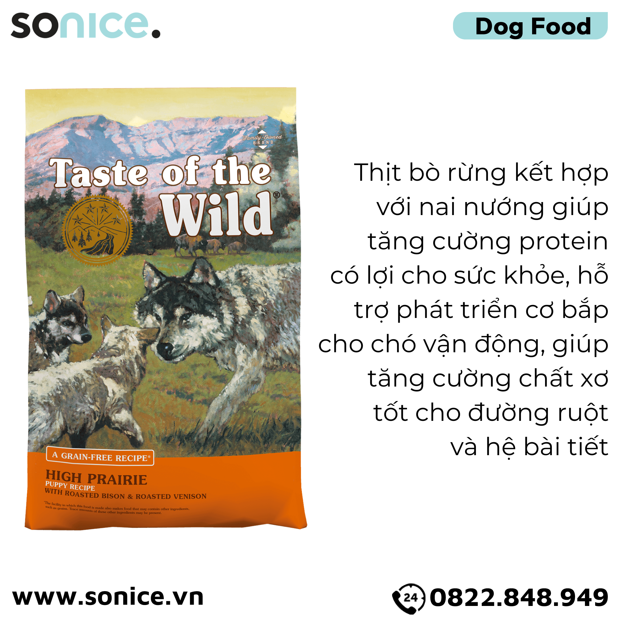 Thức ăn chó Taste Of The Wild High Prairie PUPPY 12.2kg - Bison & Roasted Venison, Bò Rừng Nướng & Nai Nướng, chuyên chó con - nhập USA SONICE.