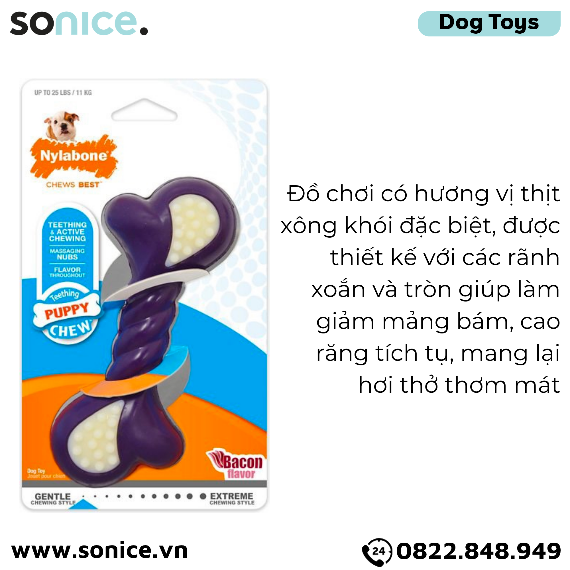 Đồ chơi Nylabone Dental Teething & Active Chewing Bacon Flavor Toys - Vị thịt xông khói, cho chó < 11kg SONICE.