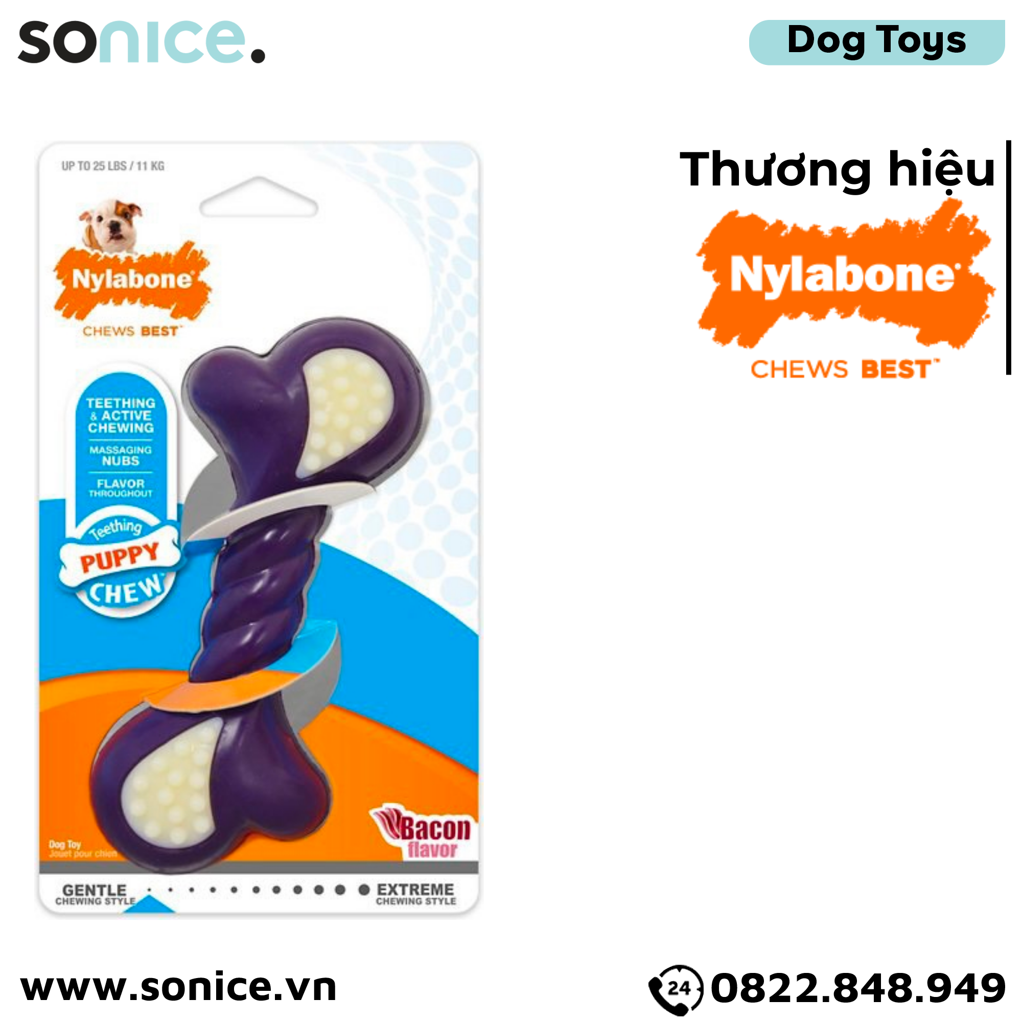 Đồ chơi Nylabone Dental Teething & Active Chewing Bacon Flavor Toys - Vị thịt xông khói, cho chó < 11kg SONICE.