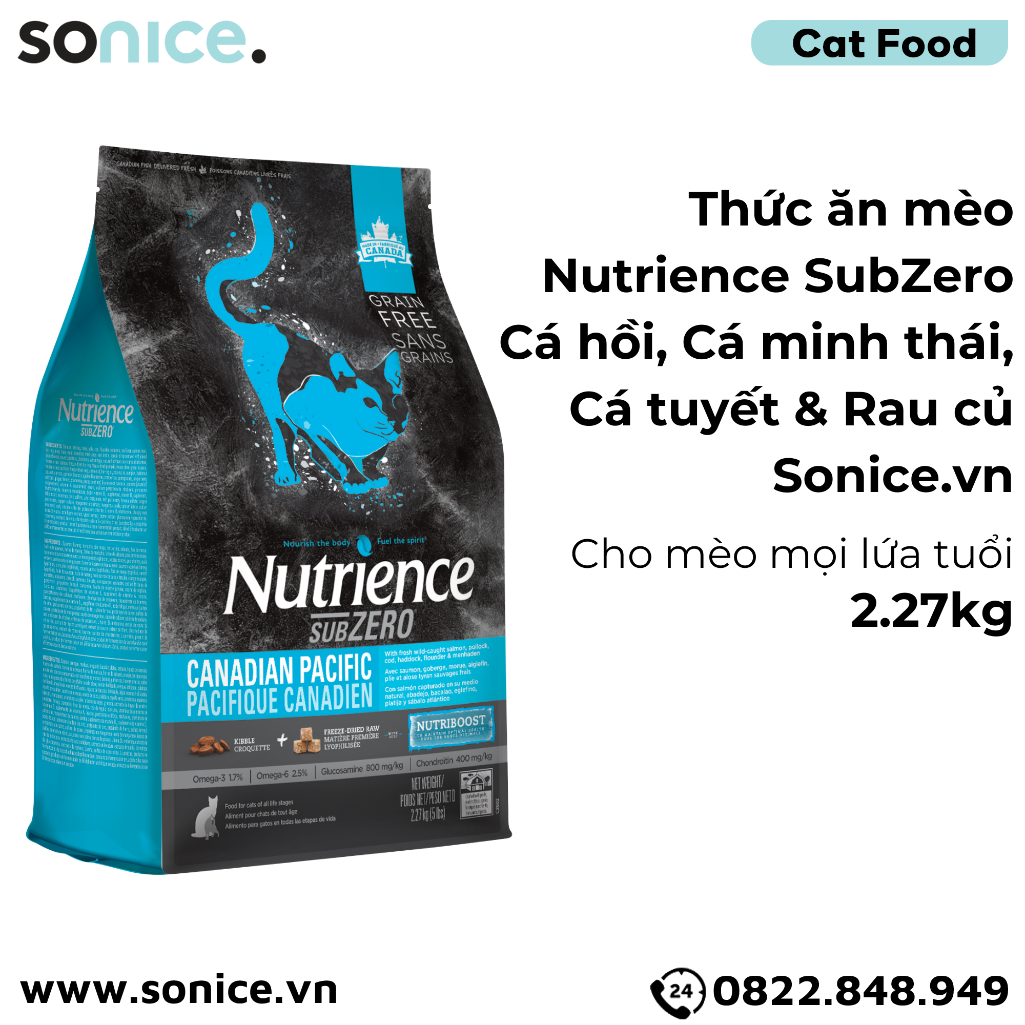 Thức ăn mèo Nutrience SubZero Cá hồi, Cá minh thái, Cá tuyết & Rau củ 2.27kg - Cho mèo mọi lứa tuổi SONICE.