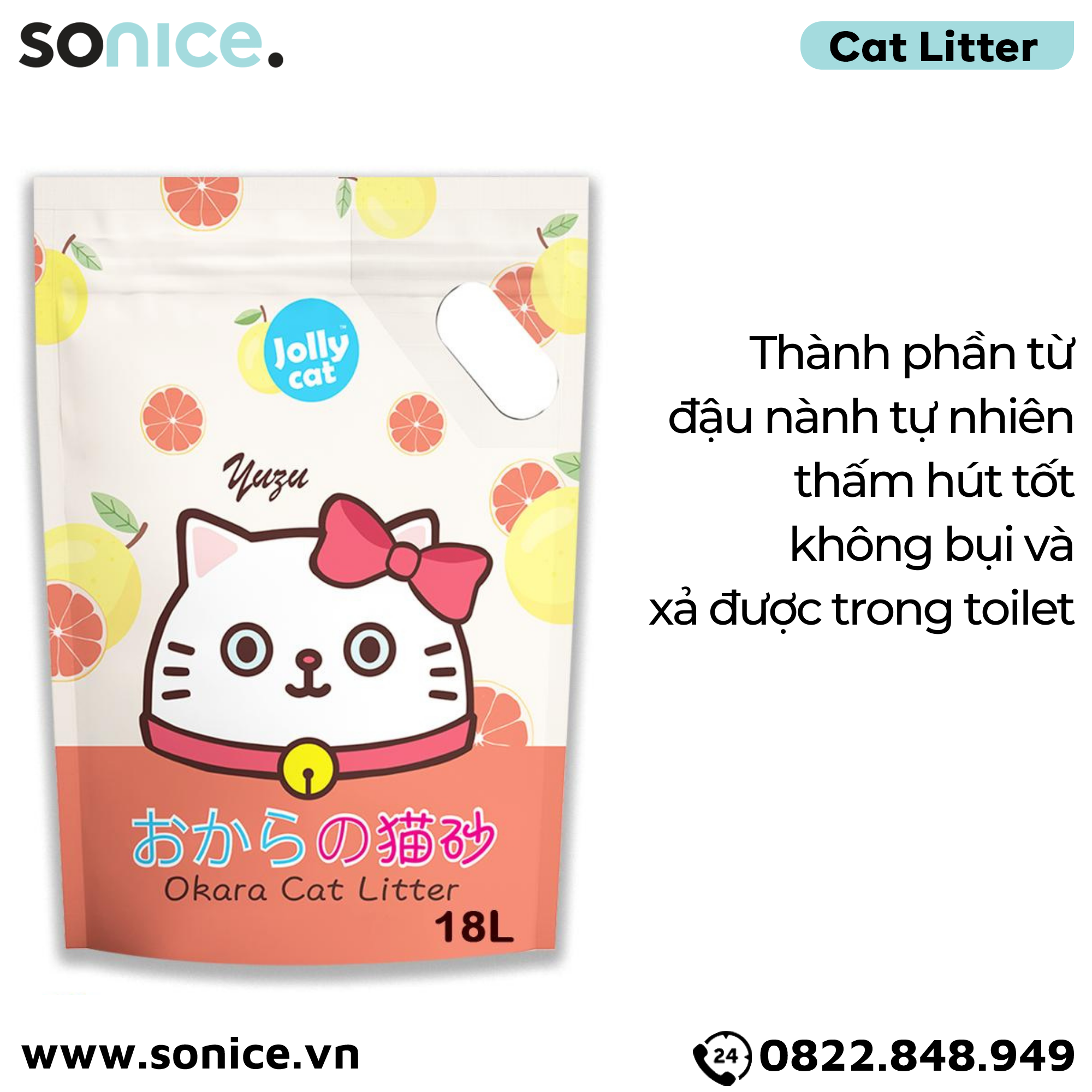 Cát vệ sinh Premium Tofu Jolly Cat Litter Yuzu 18L - Làm từ đậu nành soya hương cam Nhật SONICE.