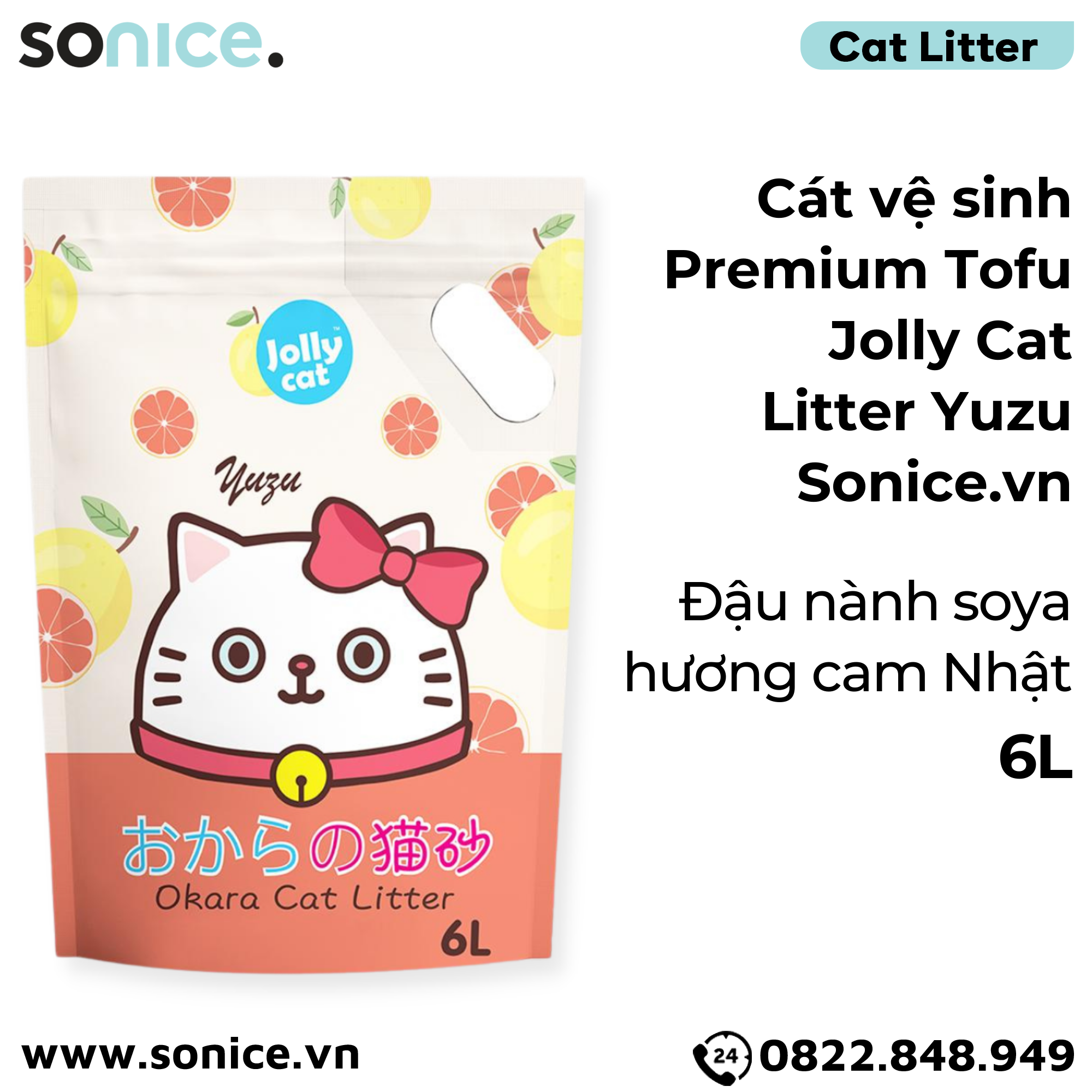 Cát vệ sinh Premium Tofu Jolly Cat Litter Yuzu 6L - Làm từ đậu nành soya hương cam Nhật SONICE.