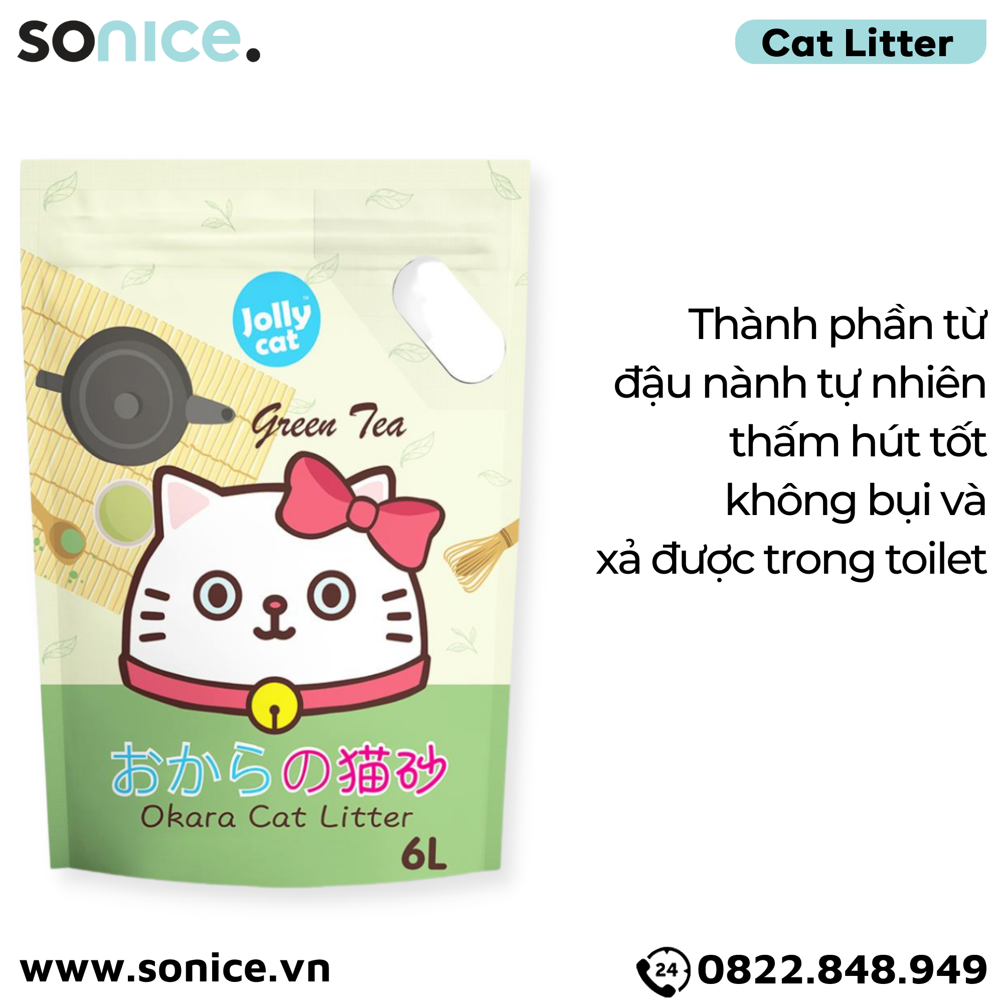 Cát vệ sinh Premium Tofu Jolly Cat Litter Green Tea 6L - Làm từ đậu nành soya hương trà xanh SONICE.
