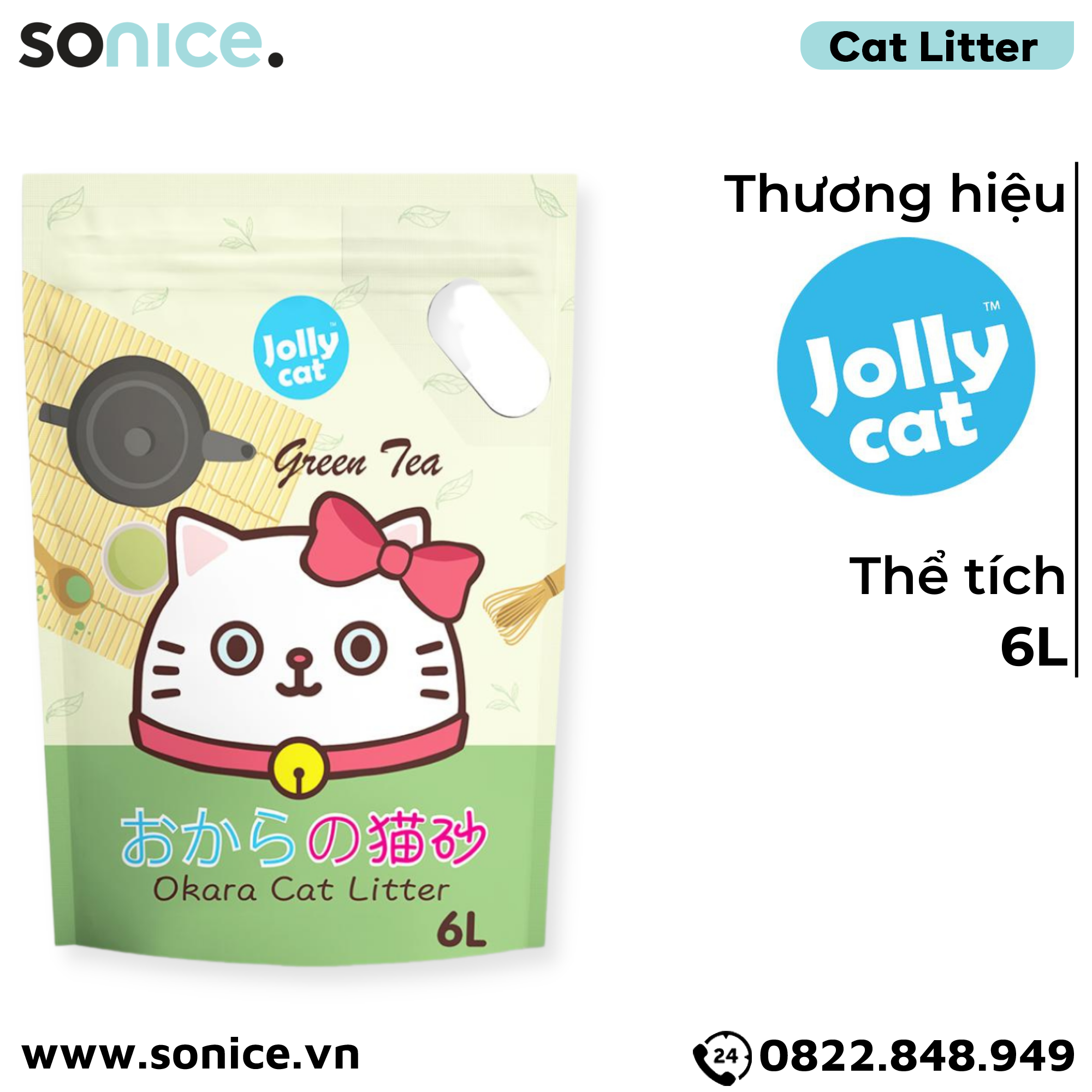 Cát vệ sinh Premium Tofu Jolly Cat Litter Green Tea 6L - Làm từ đậu nành soya hương trà xanh SONICE.