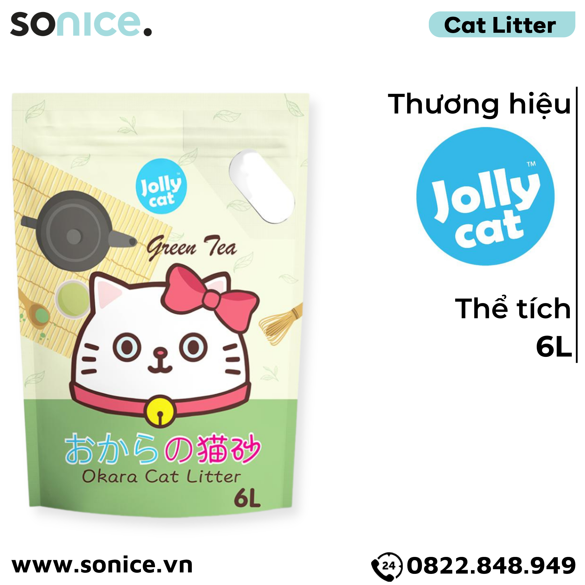  Cát vệ sinh Premium Tofu Jolly Cat Litter Green Tea 6L - Làm từ đậu nành soya hương trà xanh SONICE. 