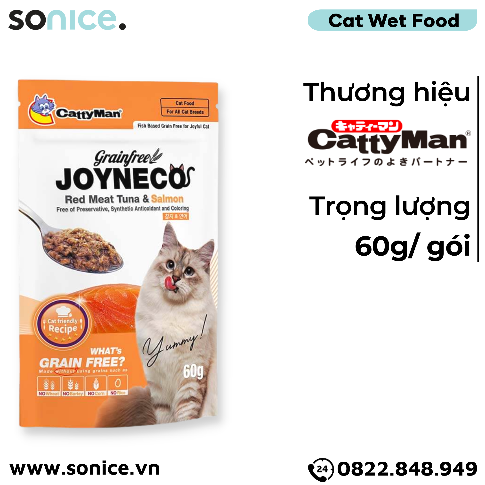 Pate mèo JOYNECO vị Cá Ngừ & Cá Hồi 60g - hộp 12 gói SONICE.