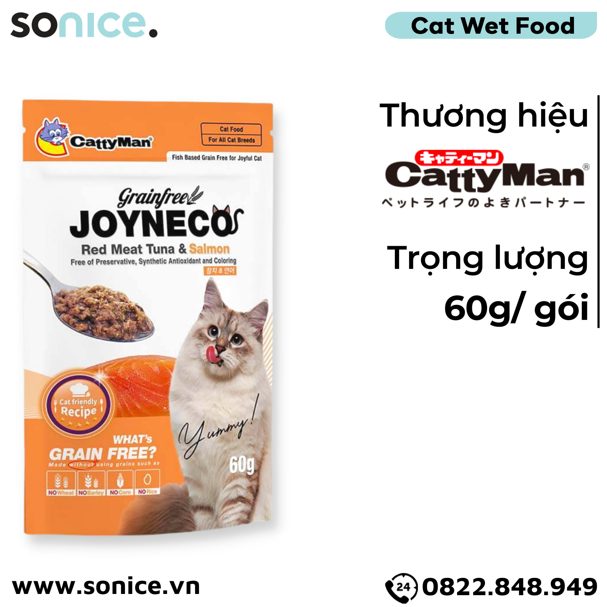  Pate mèo JOYNECO vị Cá Ngừ & Cá Hồi 60g - hộp 12 gói SONICE. 