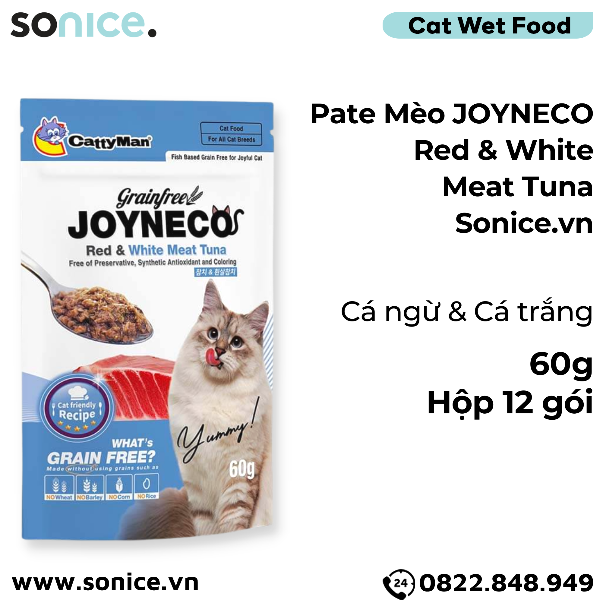 Pate mèo JOYNECO vị Cá Ngừ & Cá Trắng 60g - hộp 12 gói SONICE.