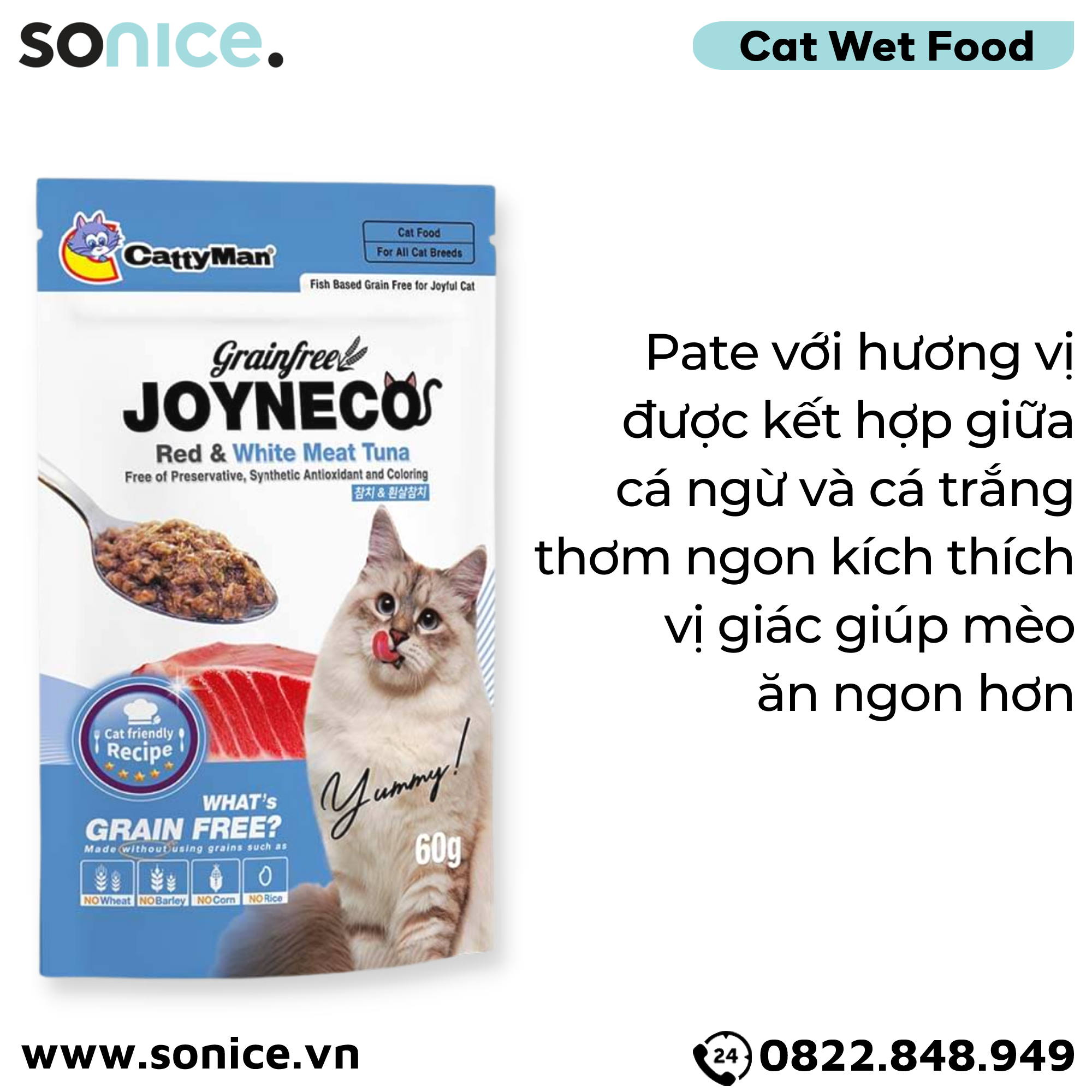Pate mèo JOYNECO vị Cá Ngừ & Cá Trắng 60g - hộp 12 gói SONICE.